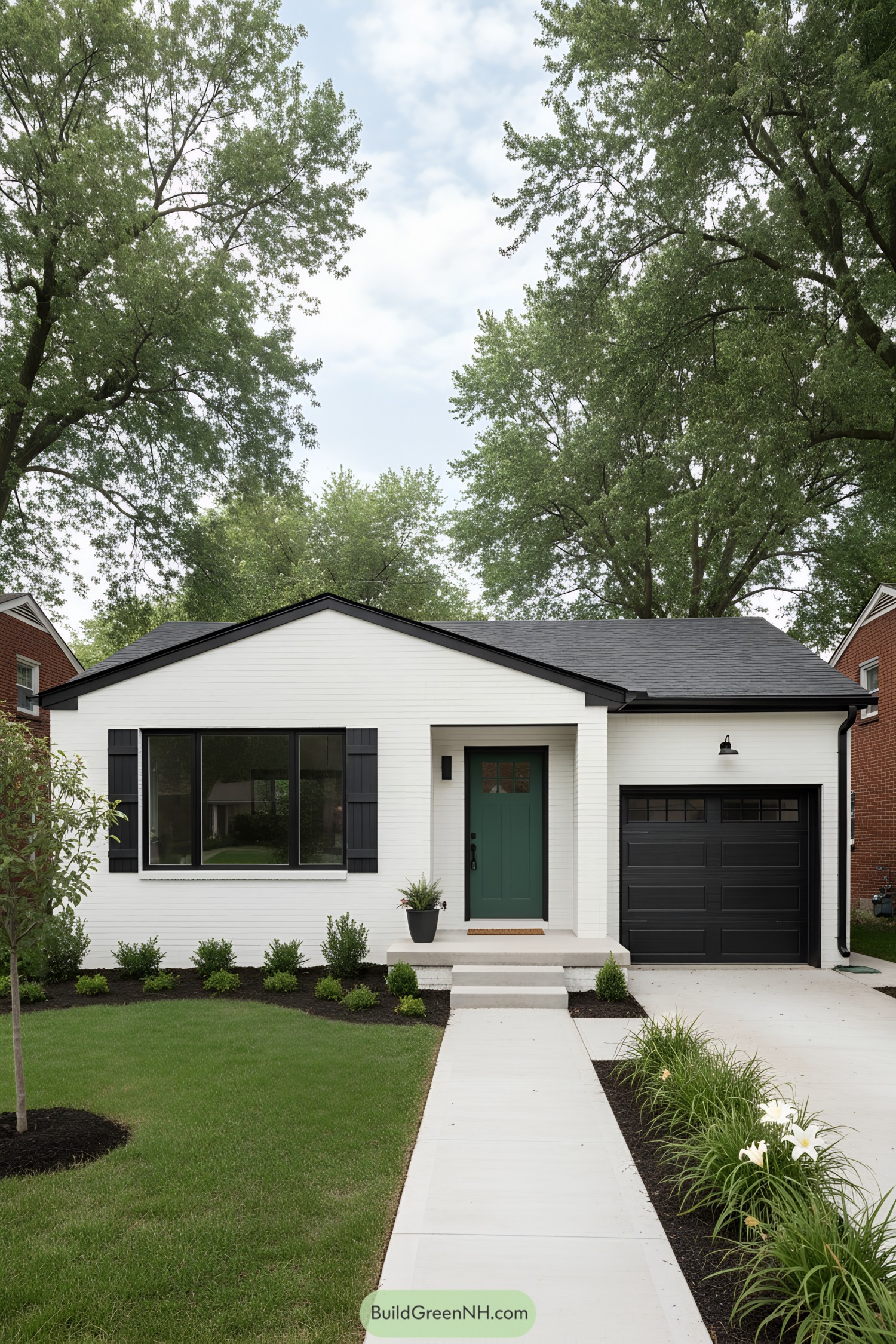 White brick ranch with black trim and an emerald green front door beside a black garage, framed by neat landscaping