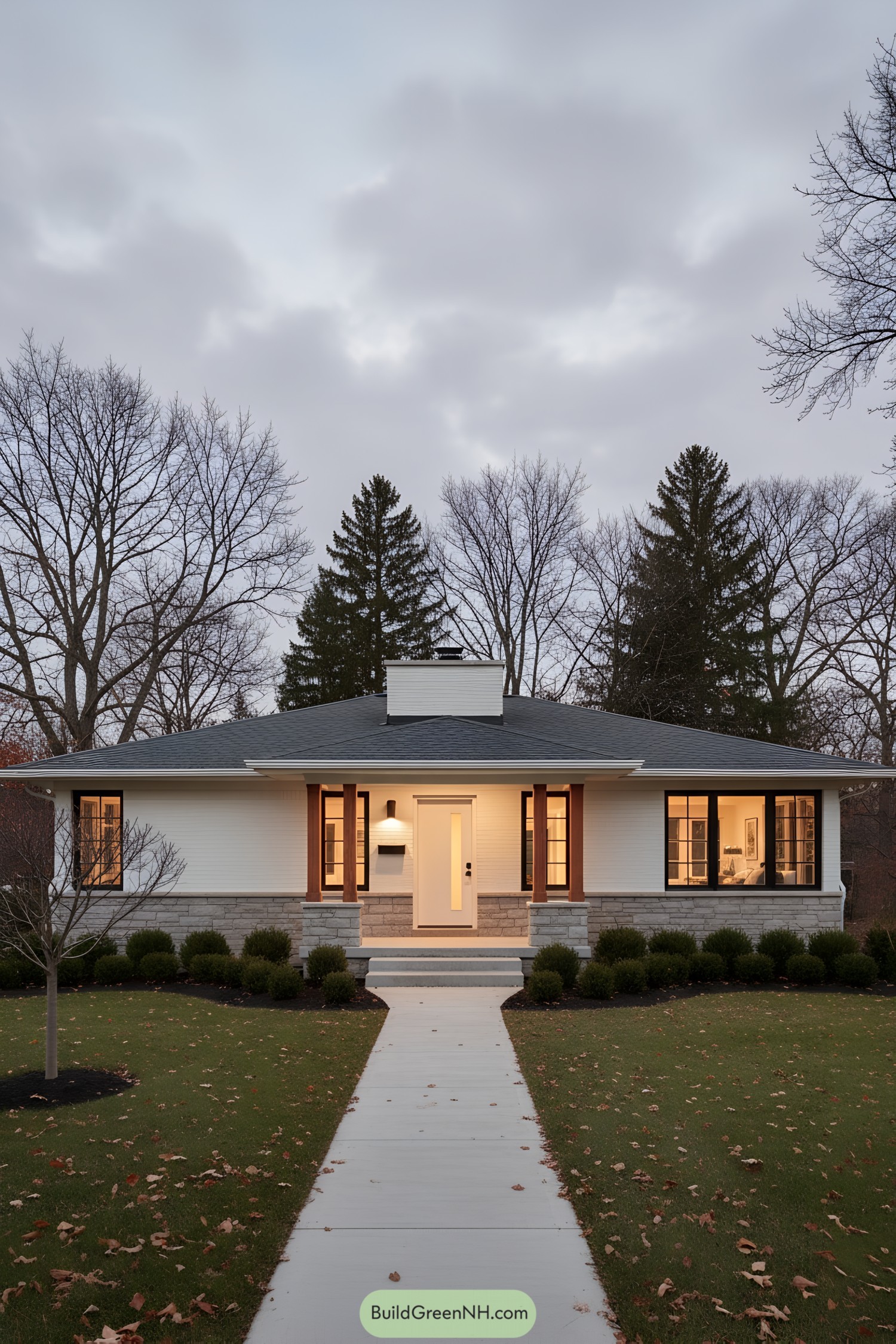 White brick ranch with warm wood columns and black-trim windows at dusk