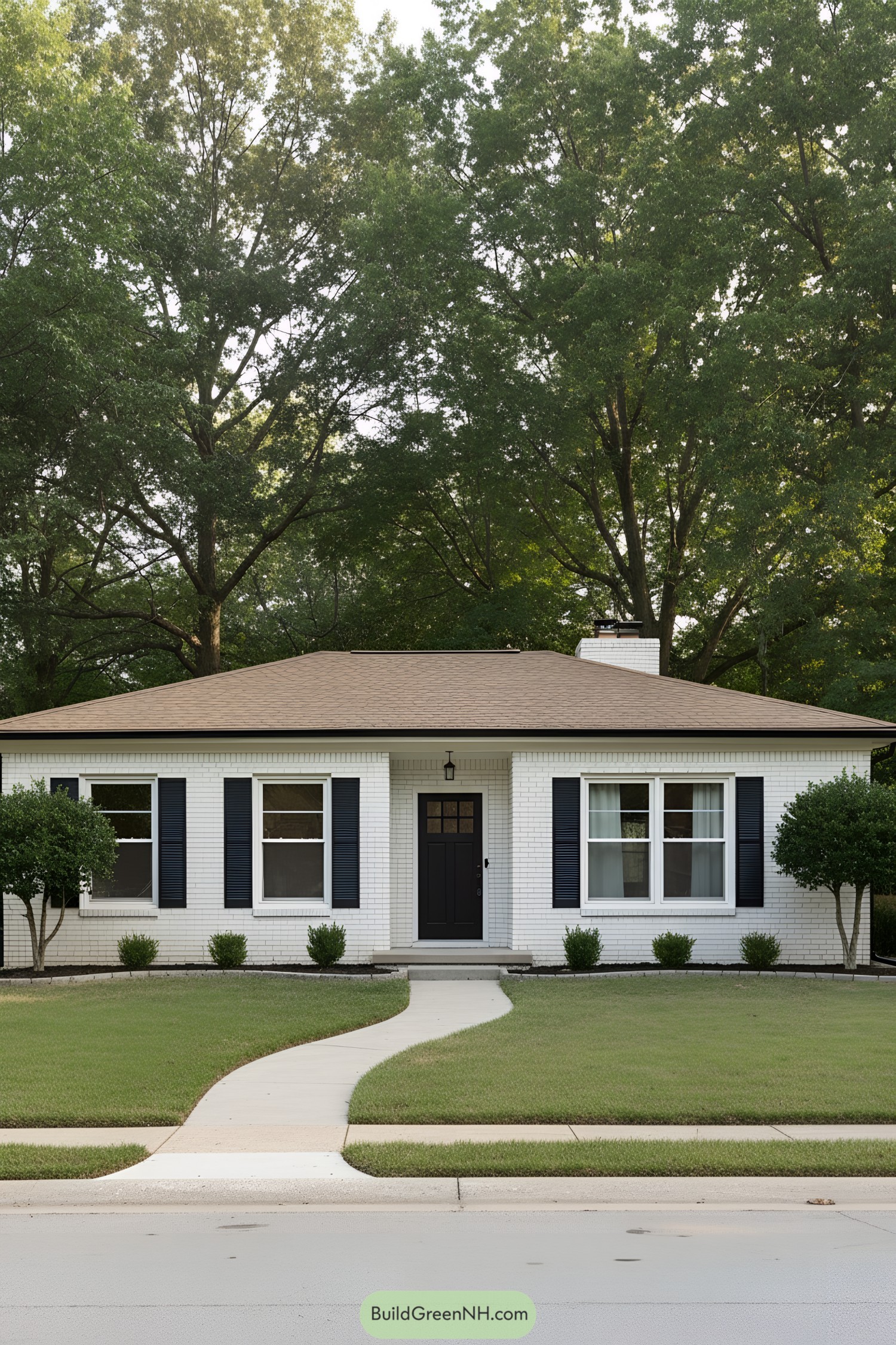 White brick ranch with black door and shutters, tan roof, and curved walkway framed by trimmed shrubs