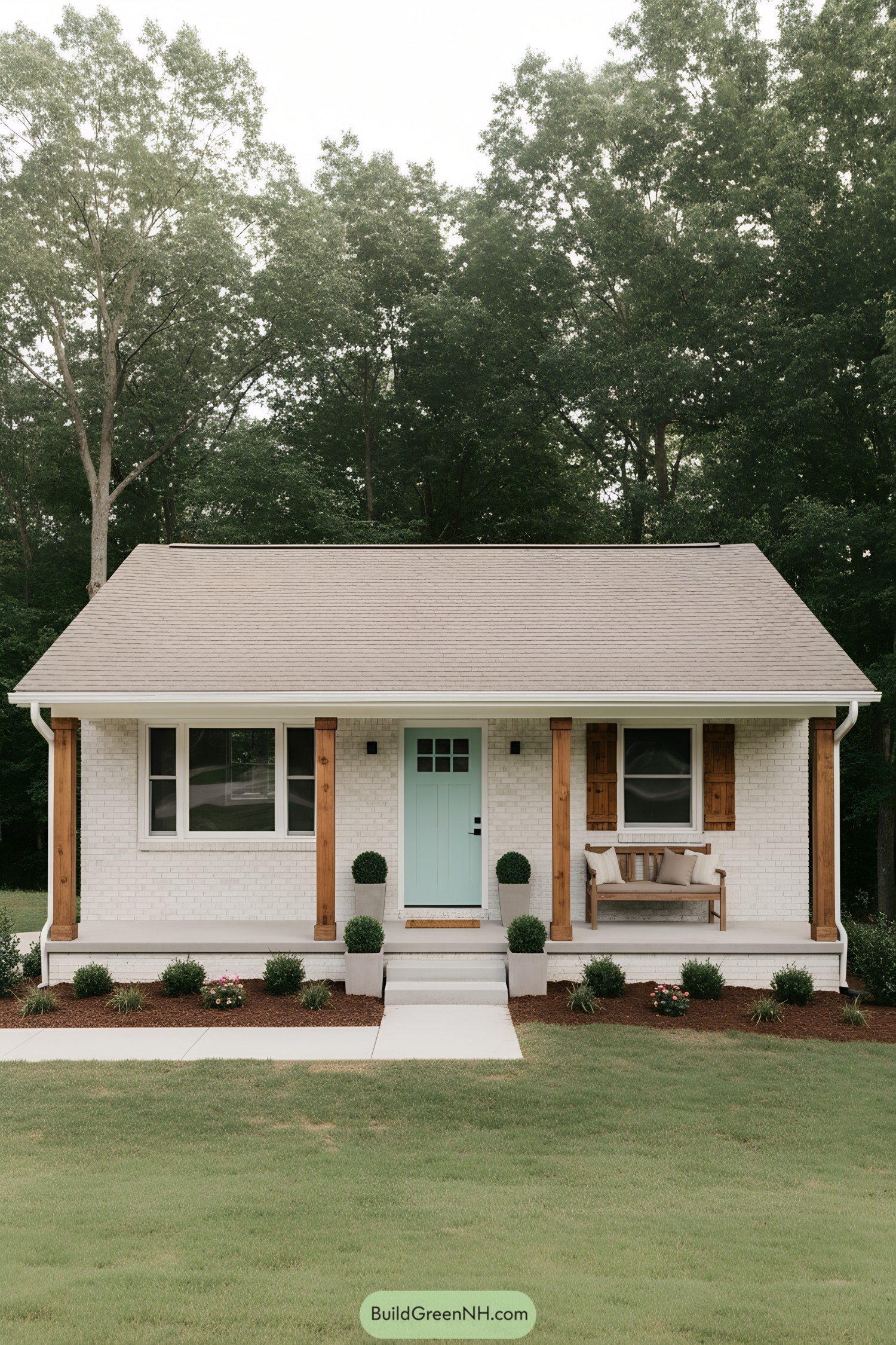 White brick ranch with mint door cedar posts and shutters low front porch and simple landscaping