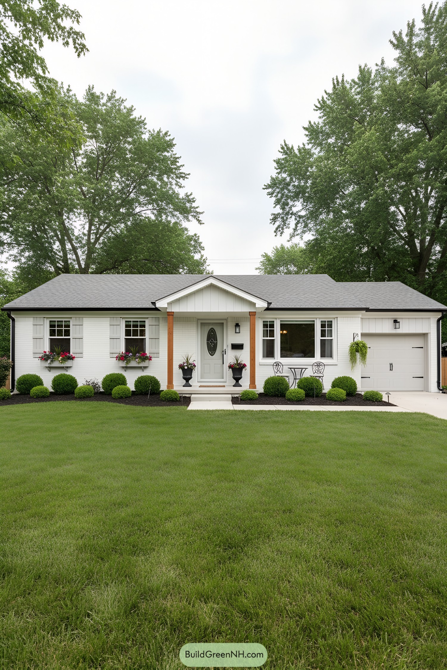 White brick ranch with gray roof, gable porch, cedar posts, shuttered windows, and manicured shrubs