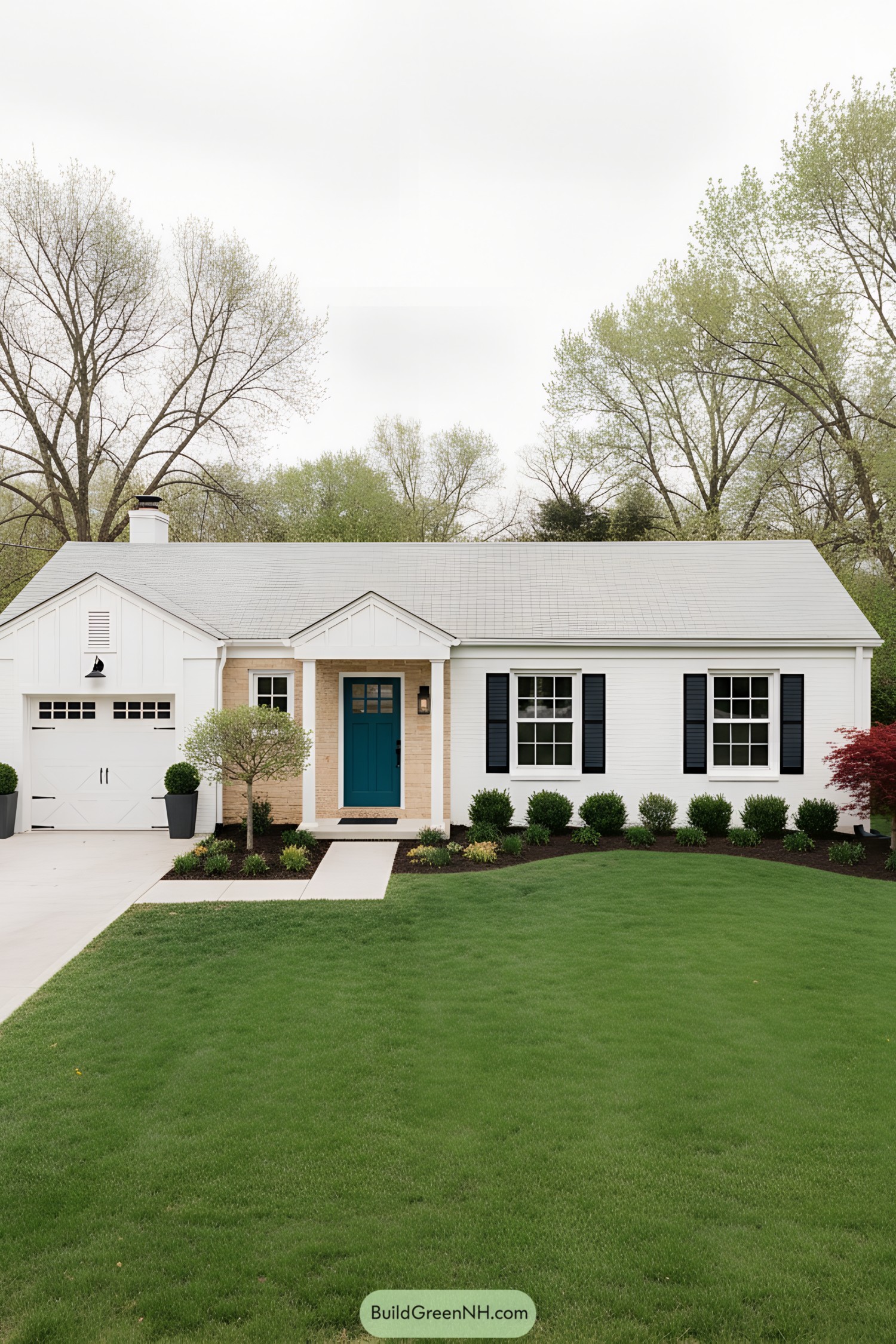 White brick ranch with teal door, black shutters, and tidy landscaping