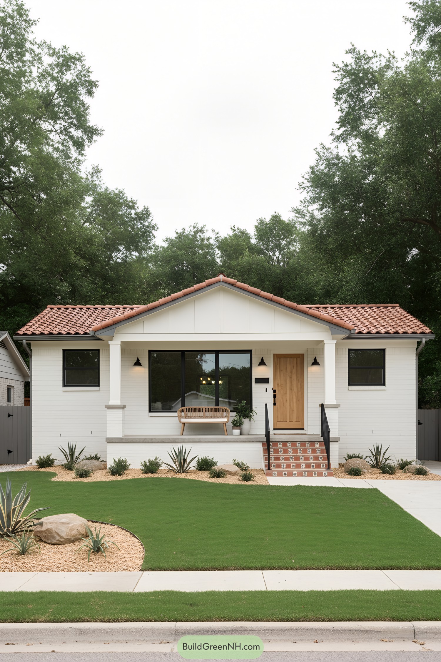 White brick ranch with terracotta roof and xeriscape yard