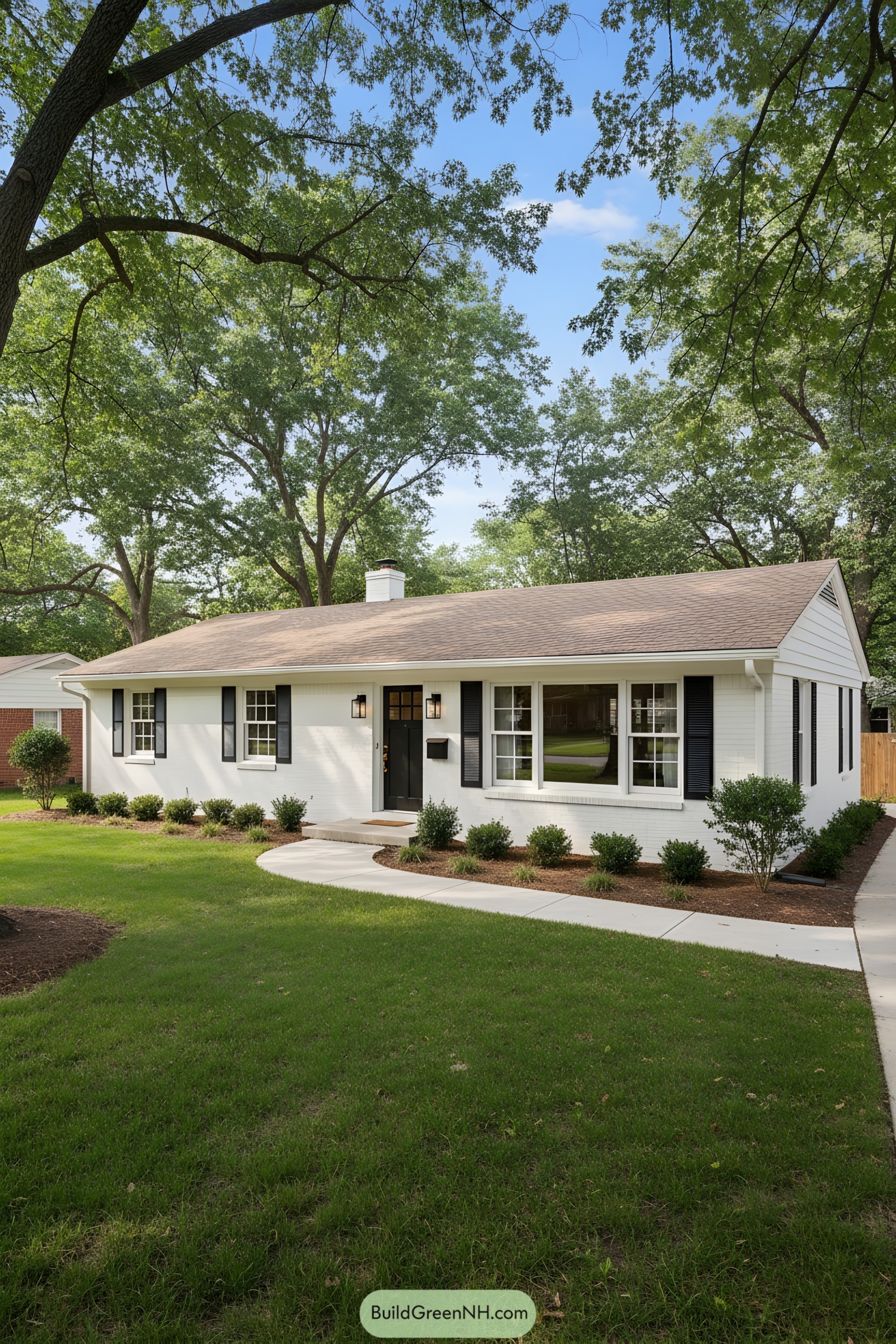 White brick ranch with black shutters, tan roof, curved walk, and trimmed shrubs