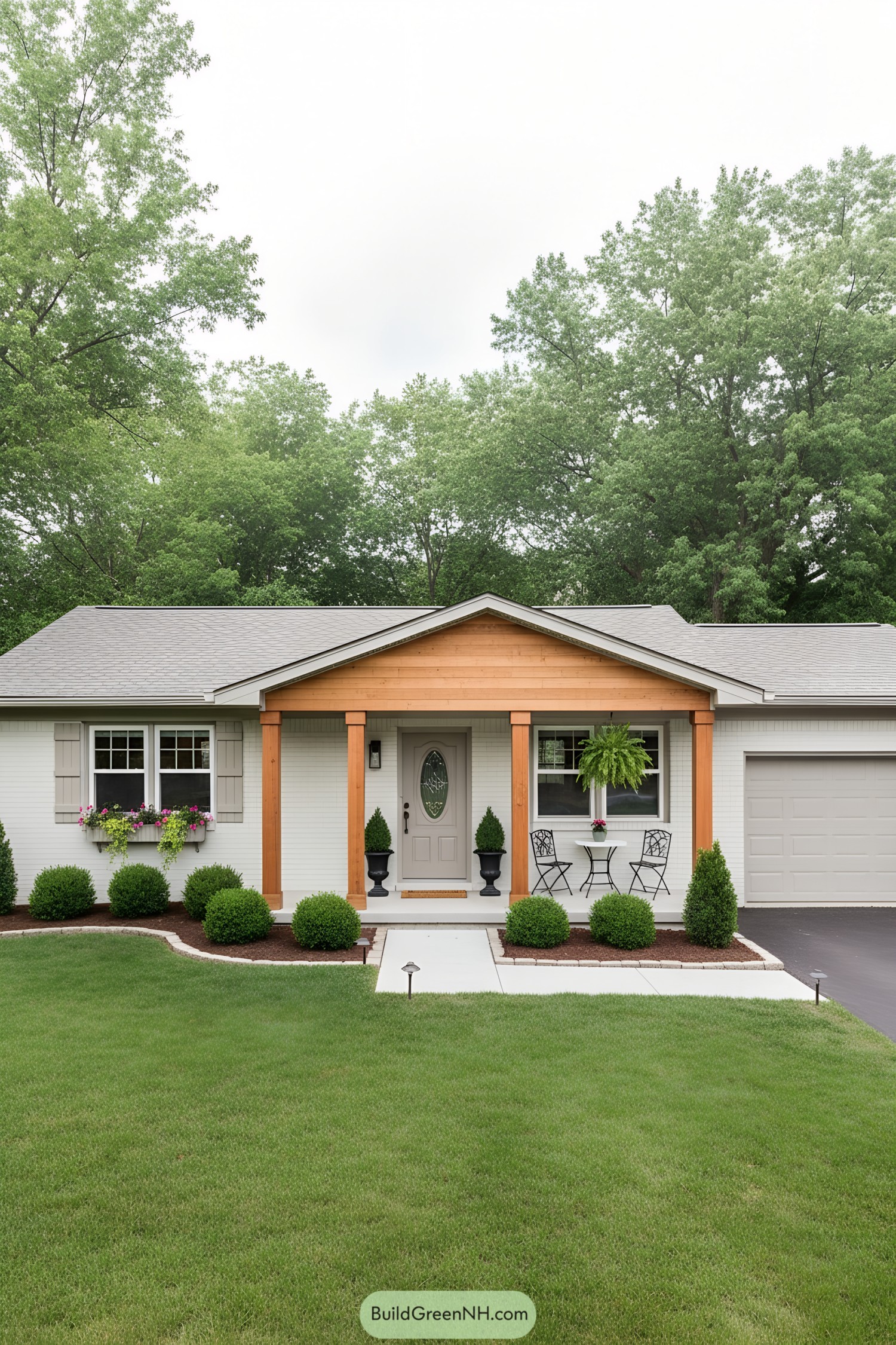White brick ranch with cedar porch and gray trim
