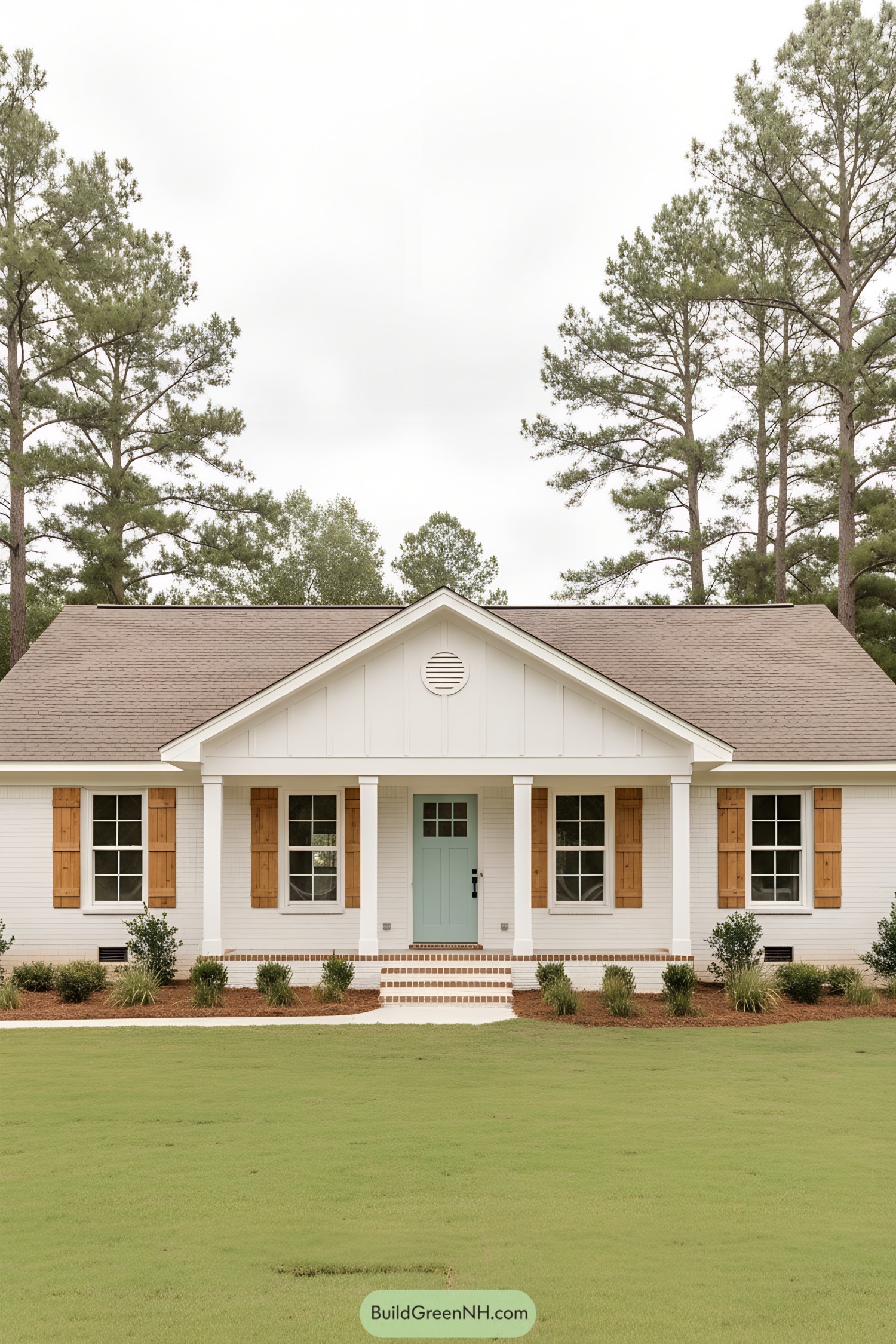 White brick ranch with mint front door and natural wood shutters under a gabled porch