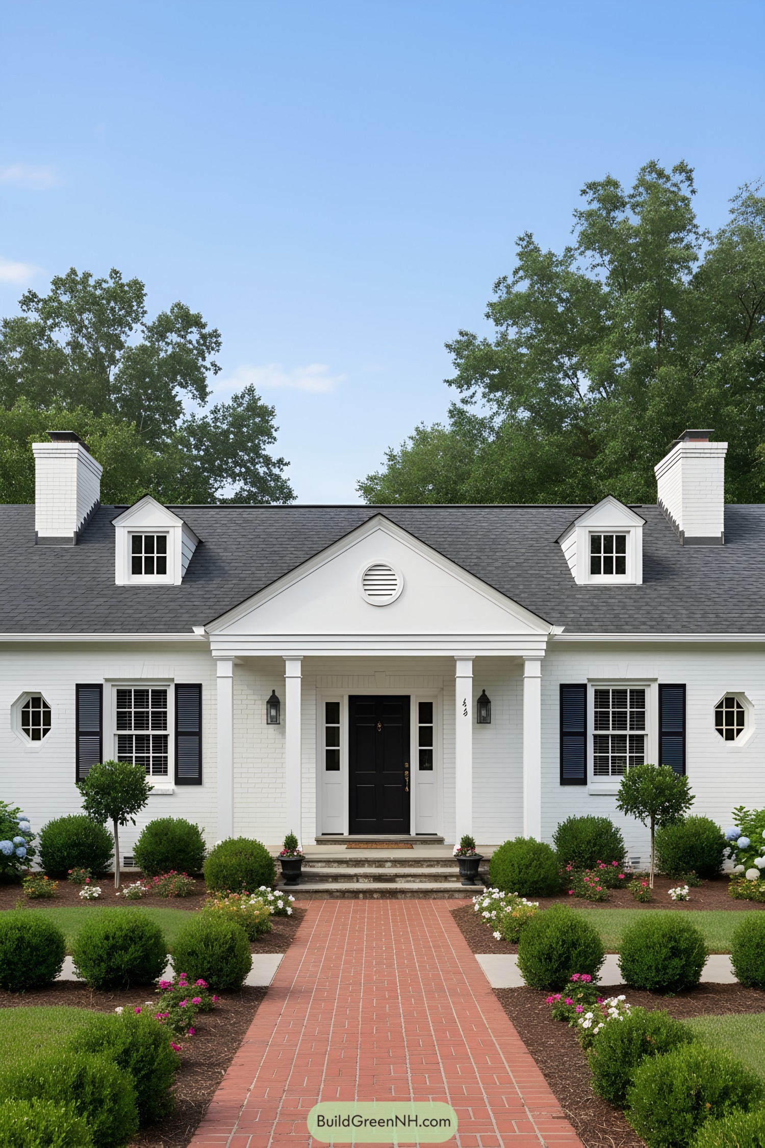 White brick ranch with black shutters, centered portico, red brick walkway, manicured shrubs and dormers
