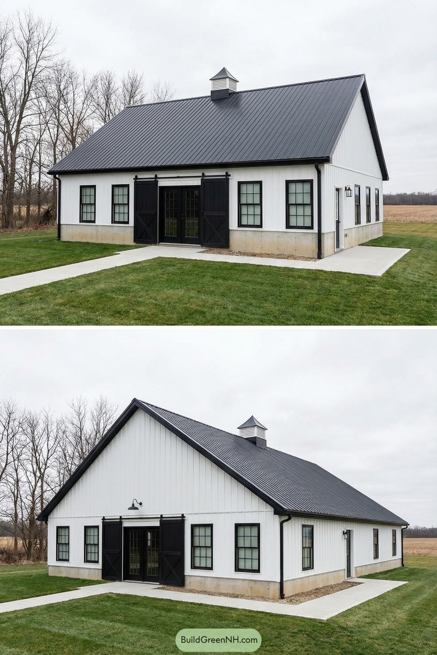 White pole barn with black accents