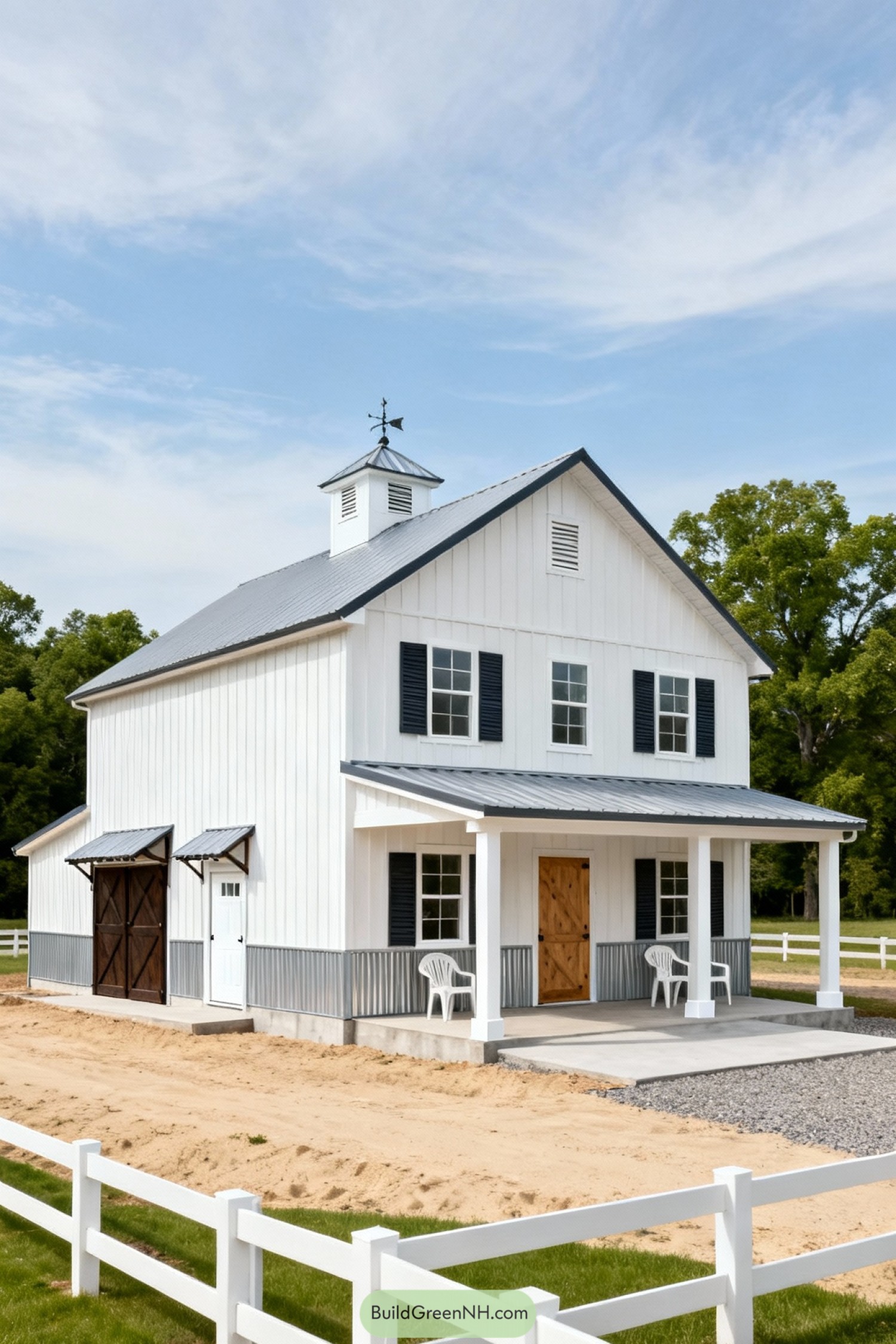 White board-and-batten barnhouse with metal roof, cupola, and shaded front porch