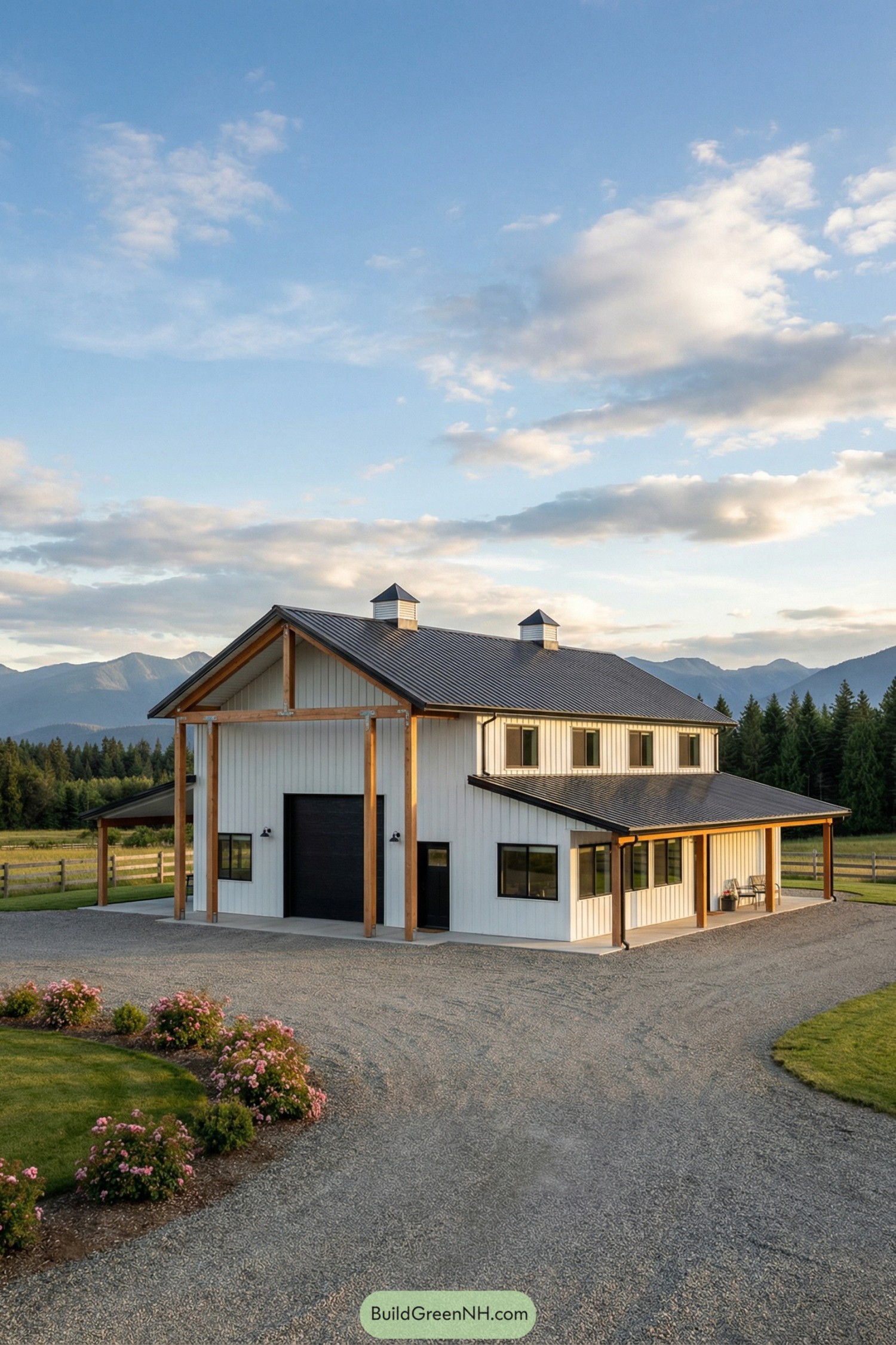 White pole barn with black roof and timber posts