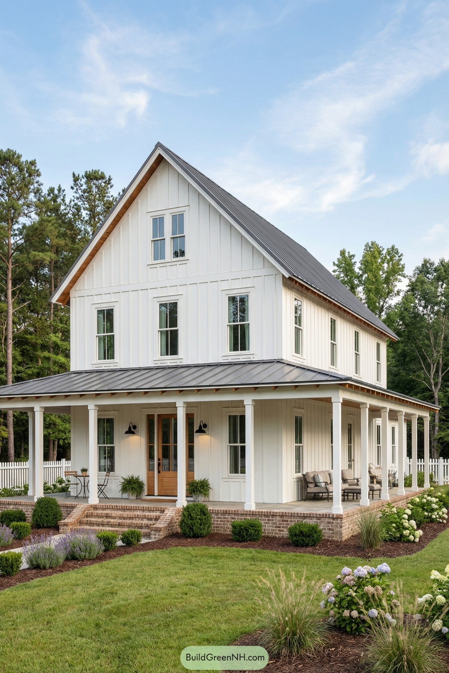 White board-and-batten farmhouse with metal roof and wraparound porch