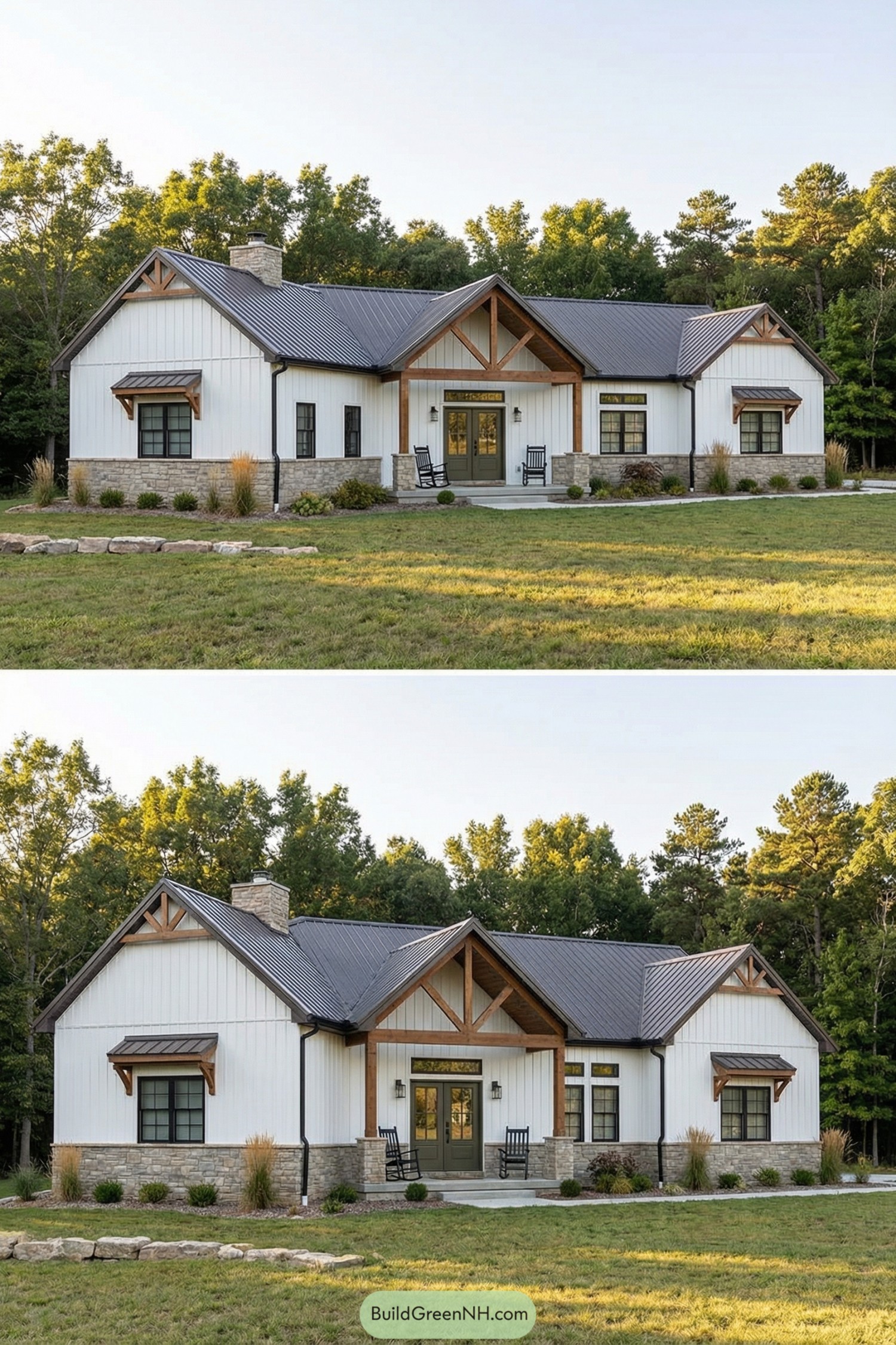 White pole barn house with black roof and timber trusses
