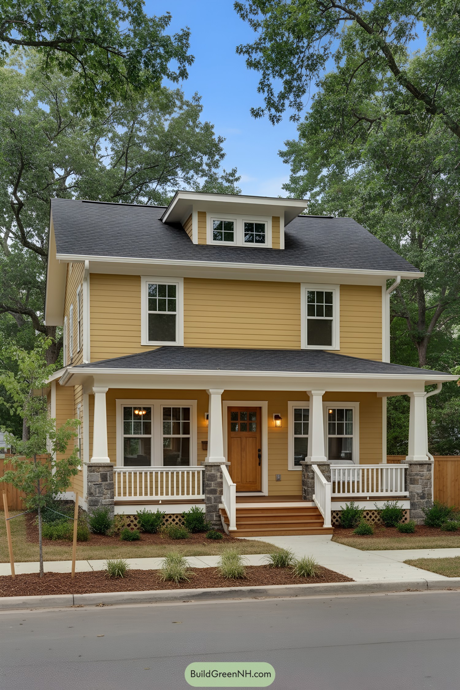 Yellow lap-siding house with dormer and wrap porch