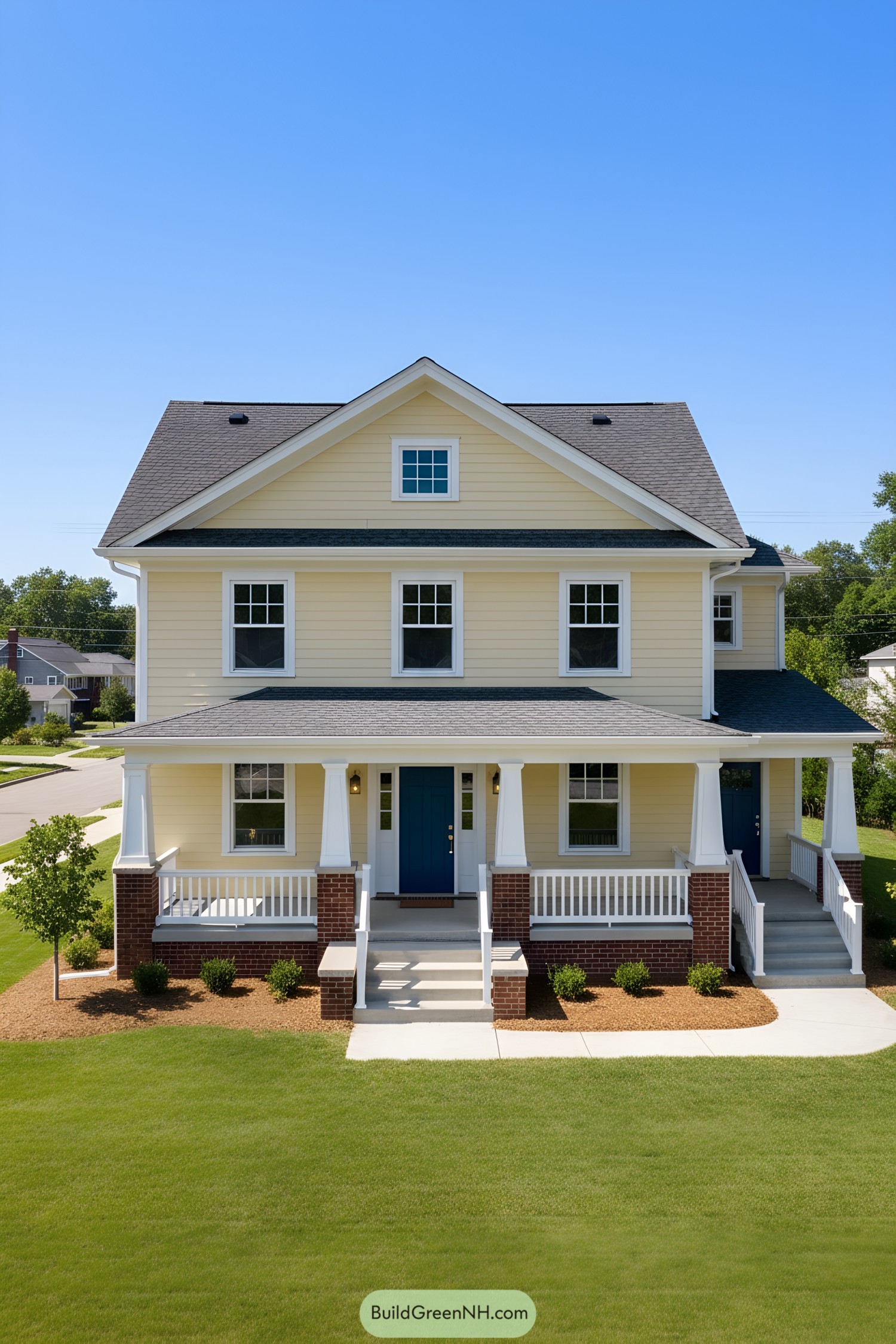 Cheerful yellow two-story with blue door and broad porch