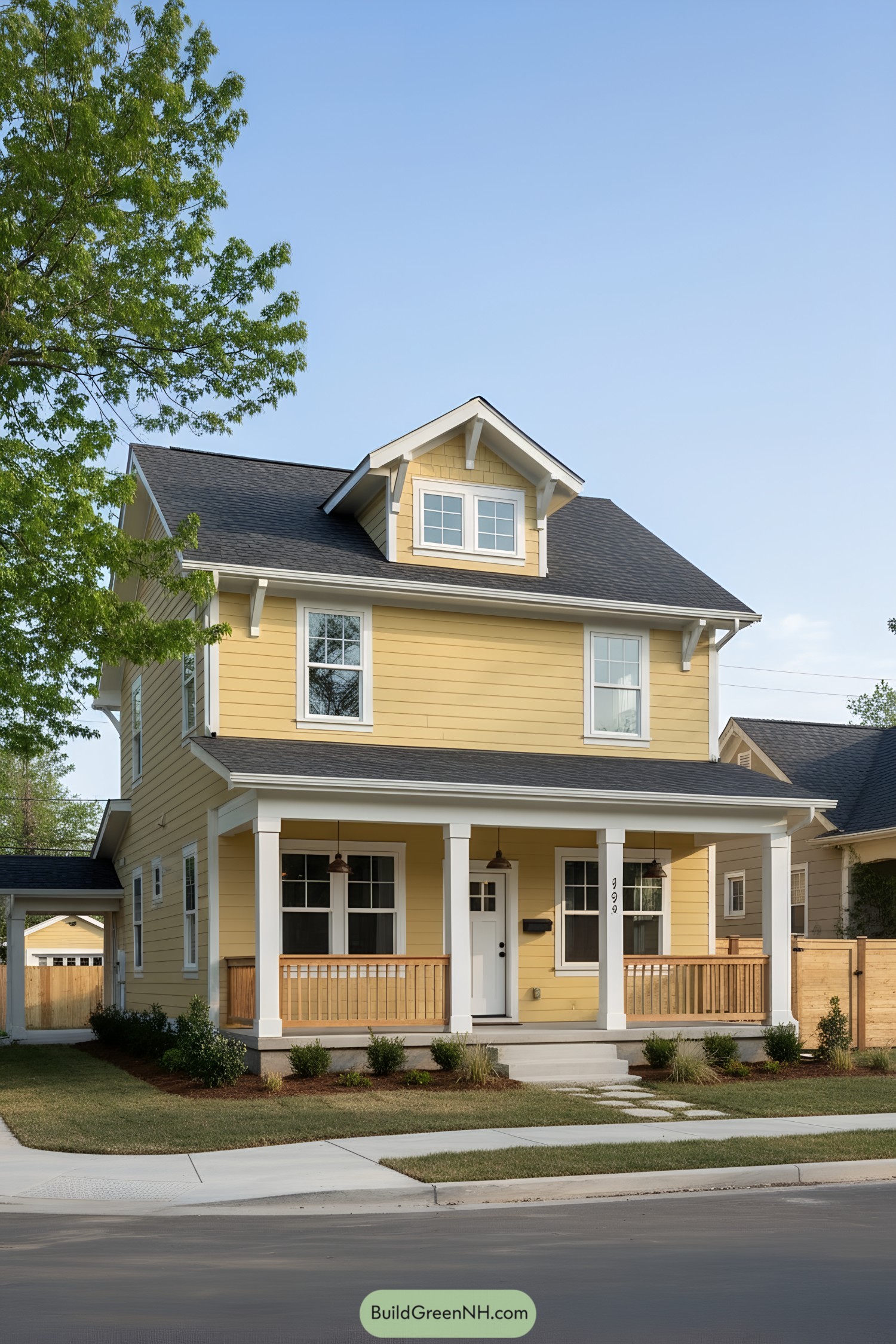 Yellow two-story house with dormer and porch