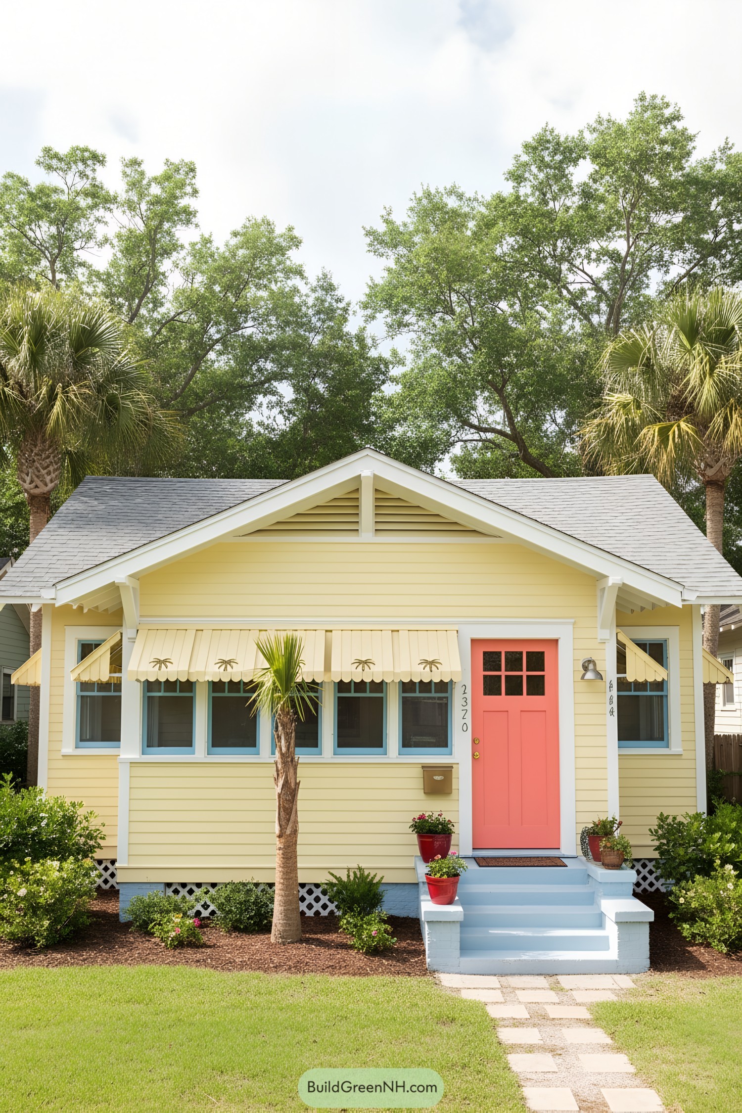 Yellow bungalow with coral door and striped awnings