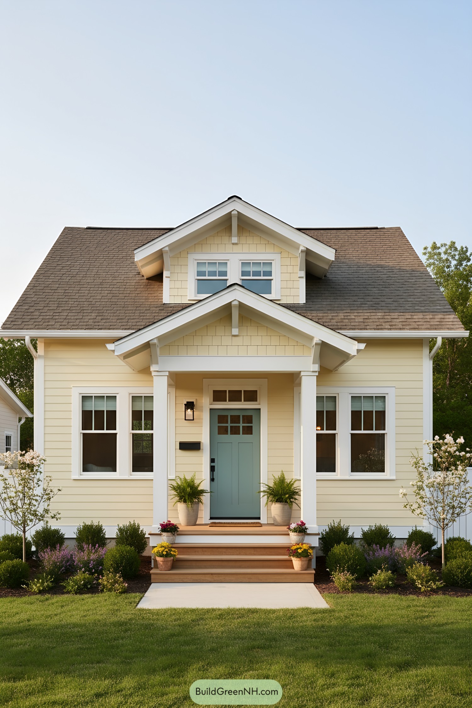 Yellow bungalow with teal door and porch