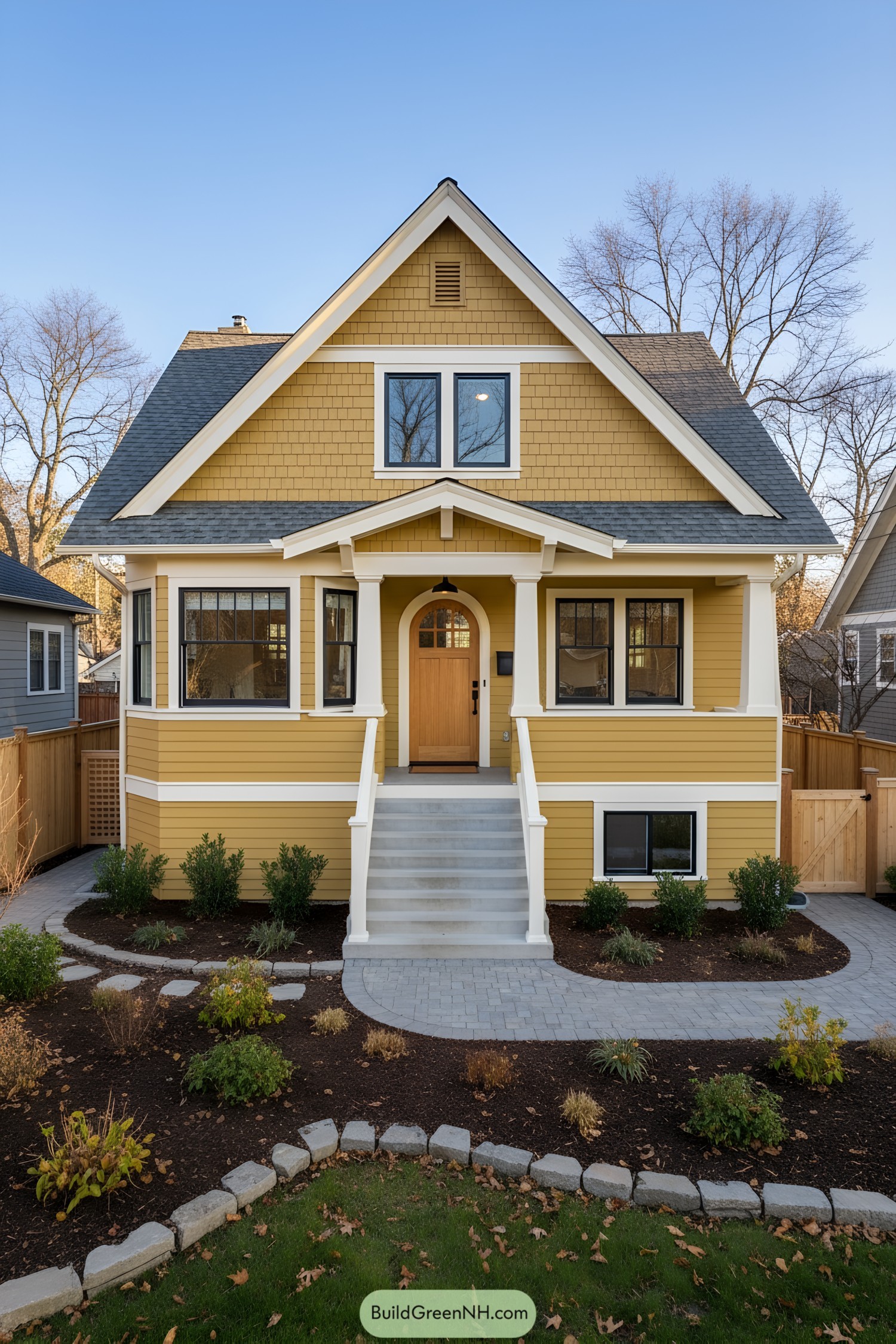Yellow Craftsman house with gable and porch