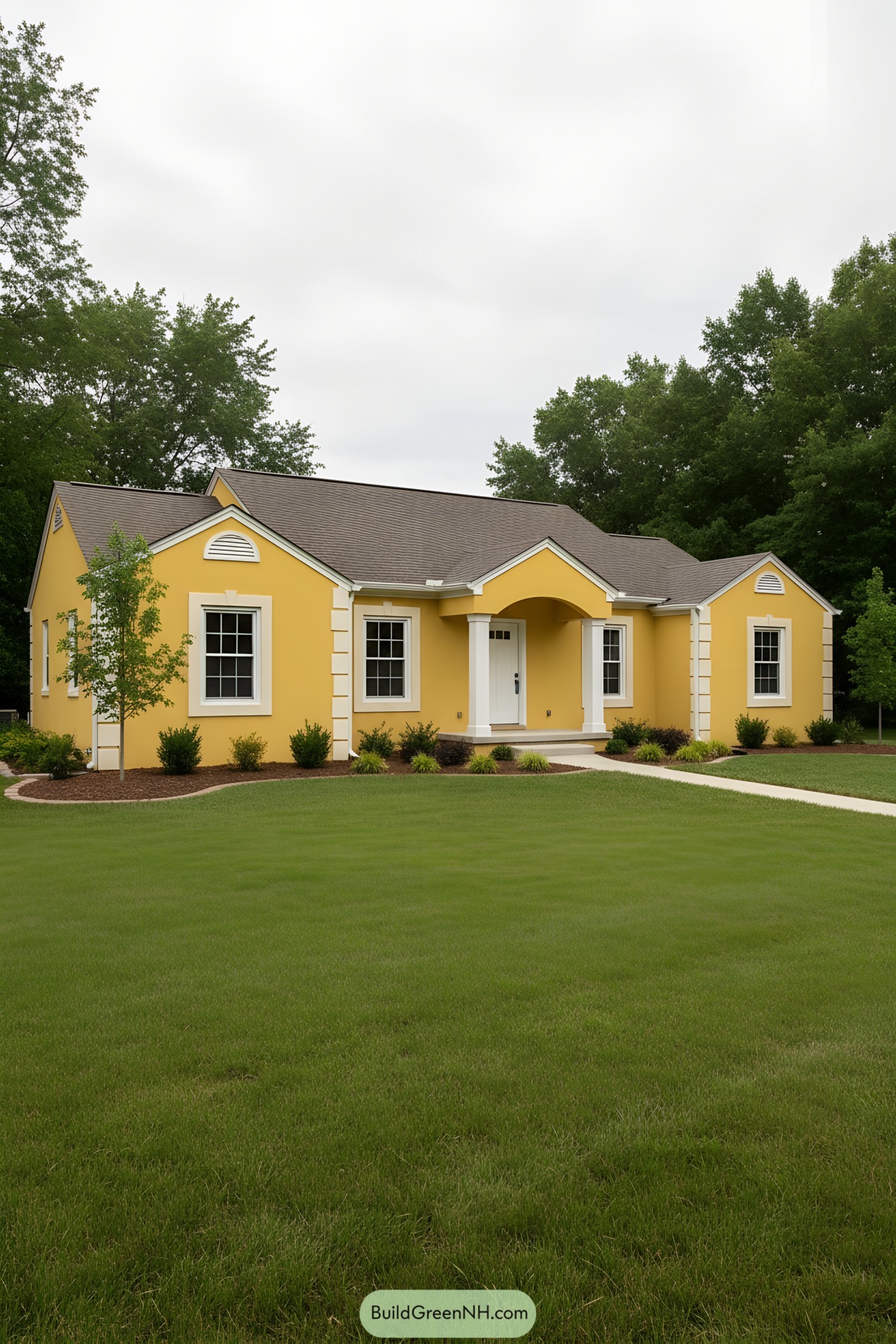 Yellow ranch with arched portico and white trim
