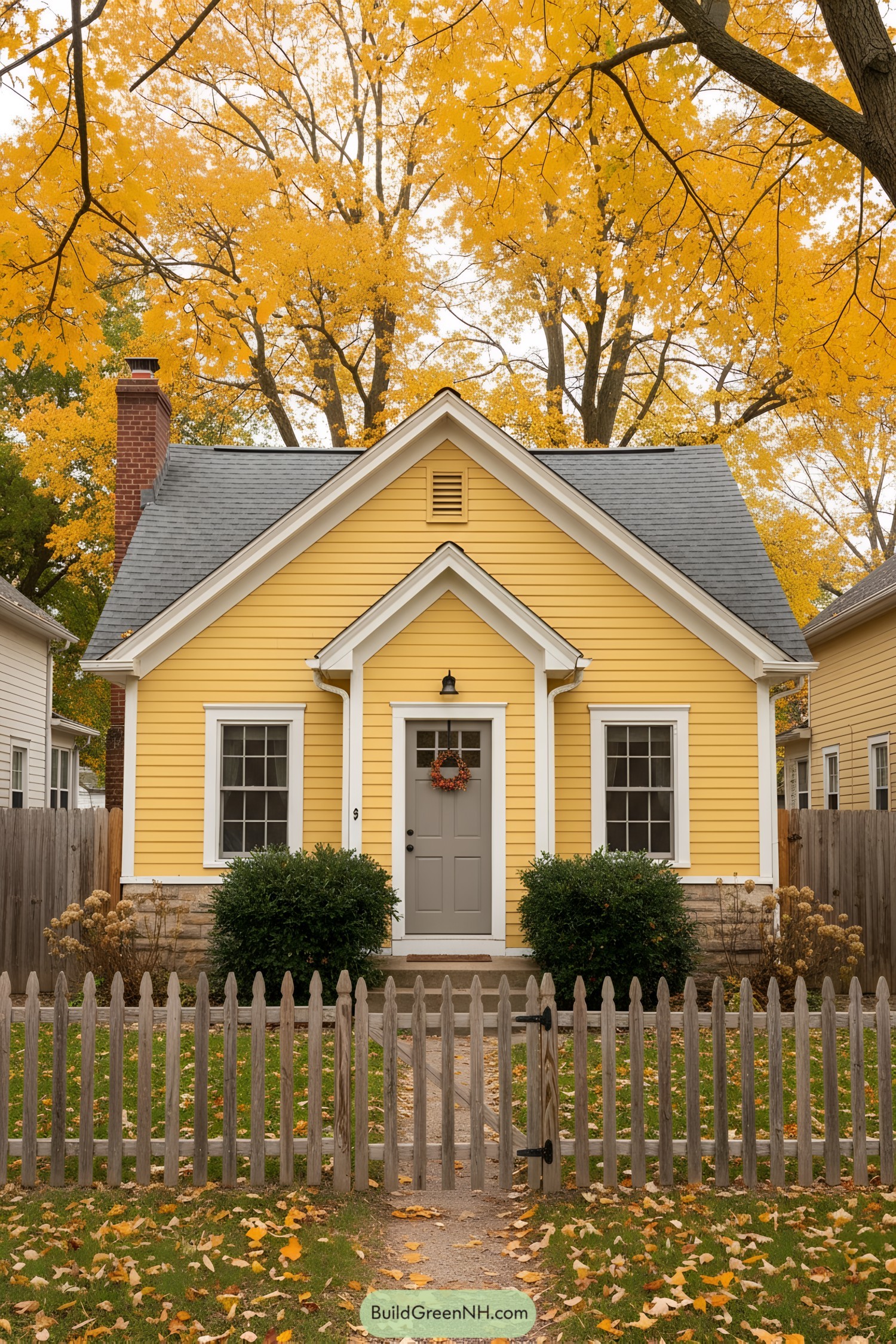 Cozy yellow cottage with gabled entry