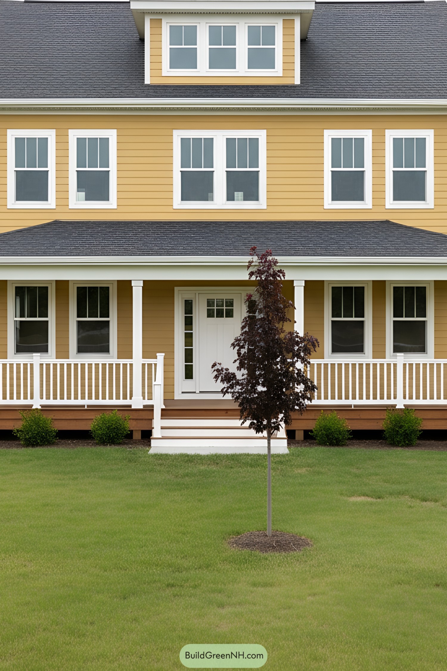 Yellow clapboard house with white trim and wraparound porch