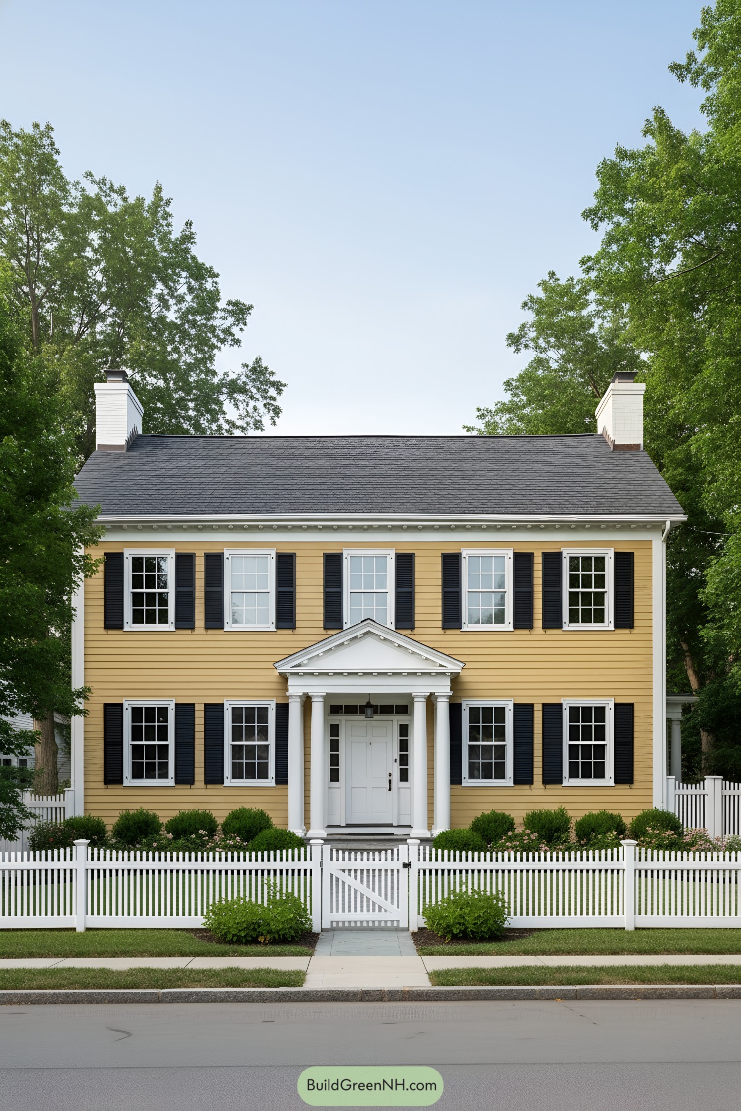 Two-story yellow clapboard house with black shutters, white columns, and a central pedimented entry behind a white picket fence