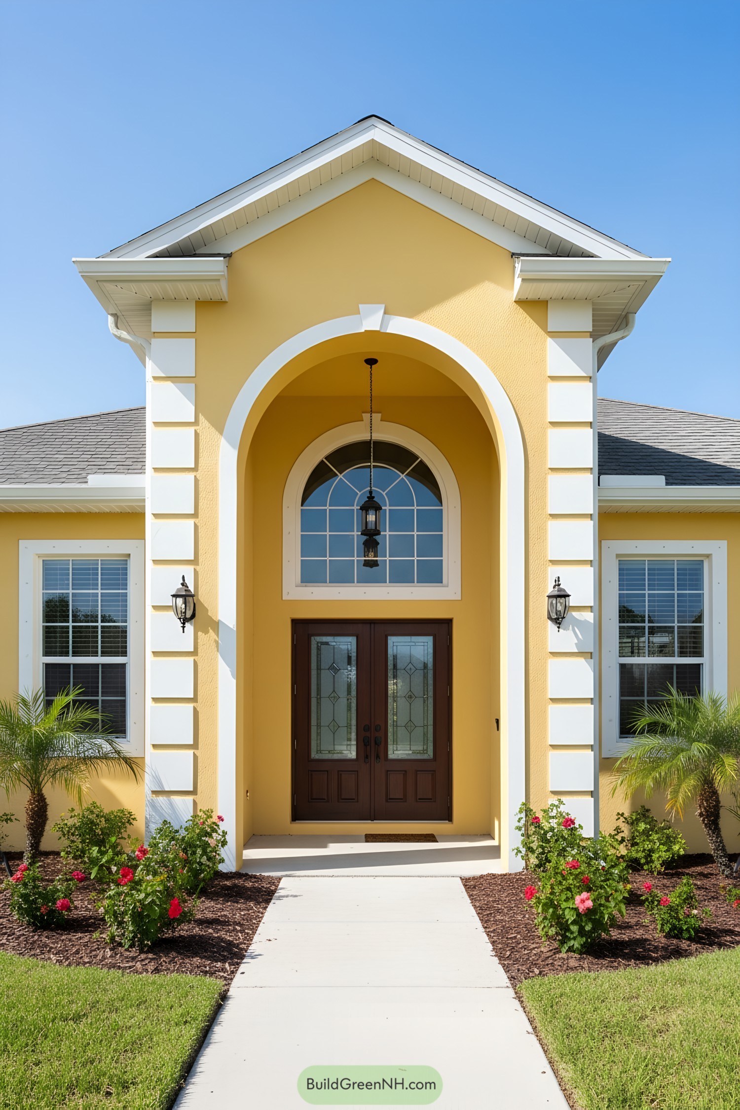 Yellow stucco entry with arched portico