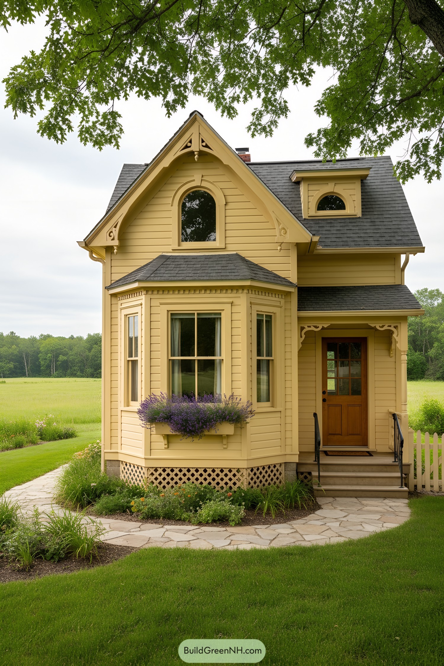 Yellow Victorian cottage with bay window and arched dormers