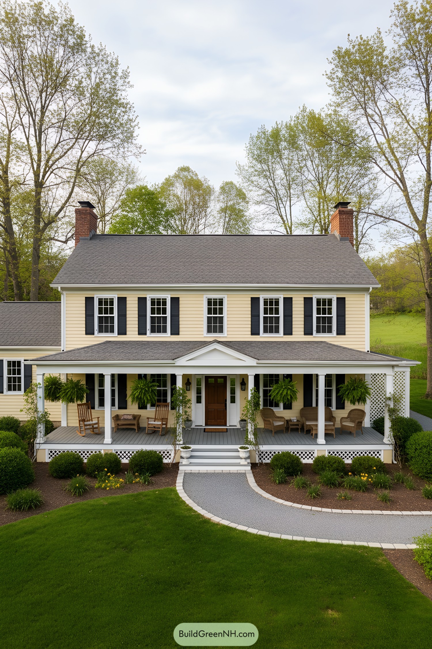Yellow farmhouse with wraparound porch and black shutters