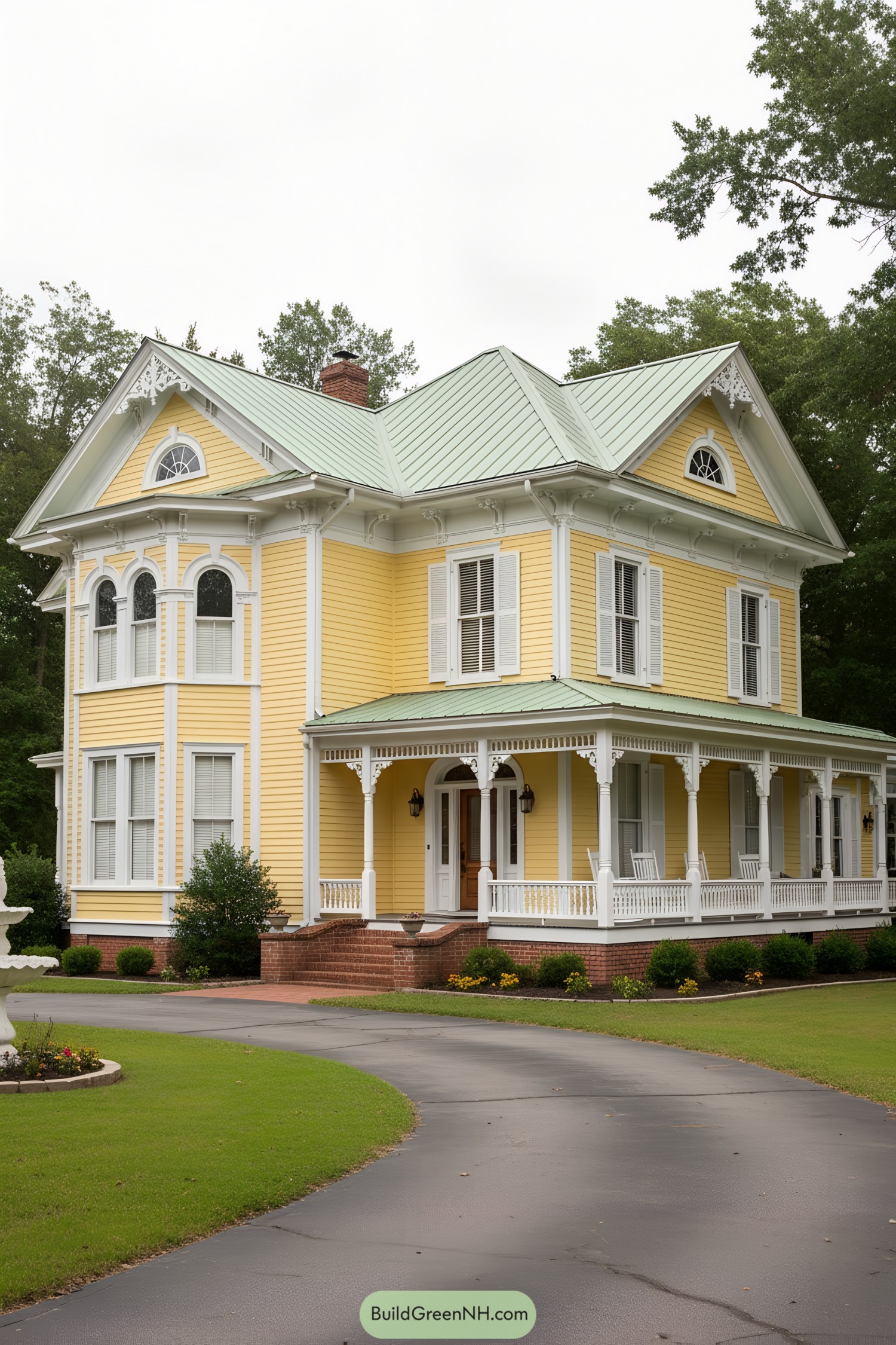 Yellow Victorian house with mint roof and ornate wraparound porch
