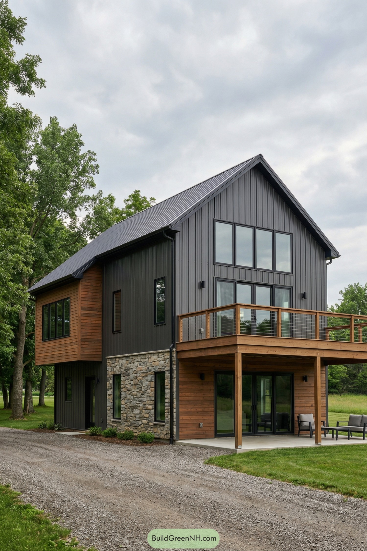 Black metal barndominium with wood accents and balcony