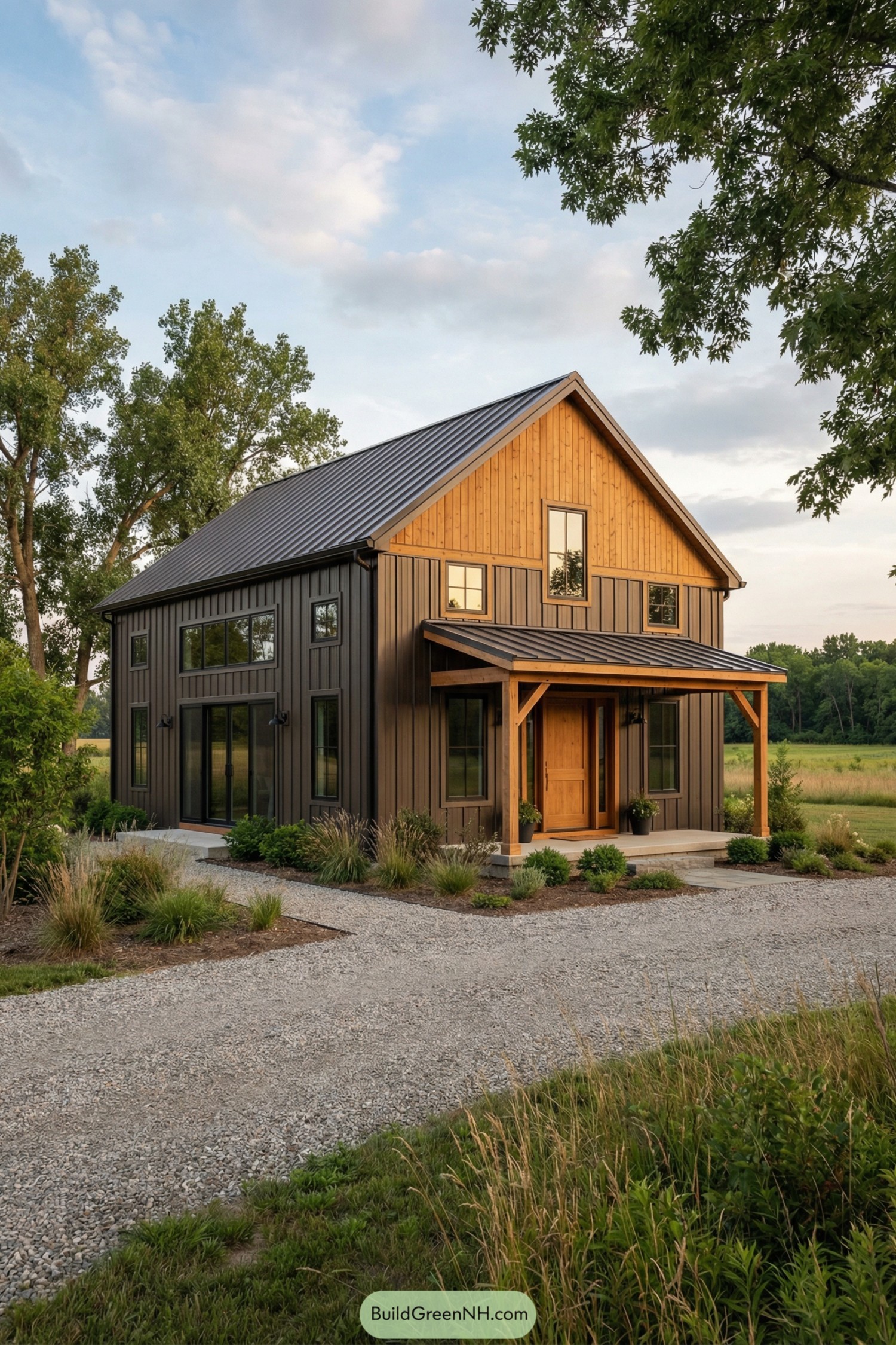 Compact barndo with metal roof and warm wood siding, front porch, and tall black-framed windows set in a grassy meadow