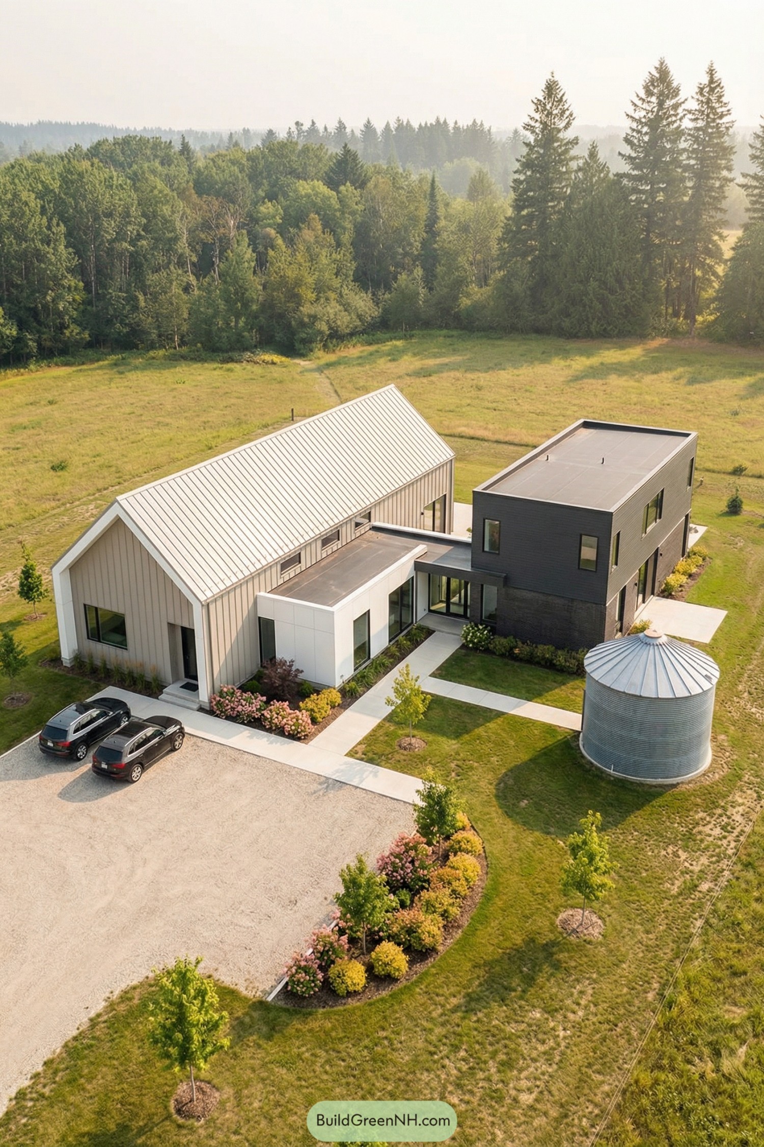 Contemporary barn-style home with attached dark rectangular wing and silo set in open countryside