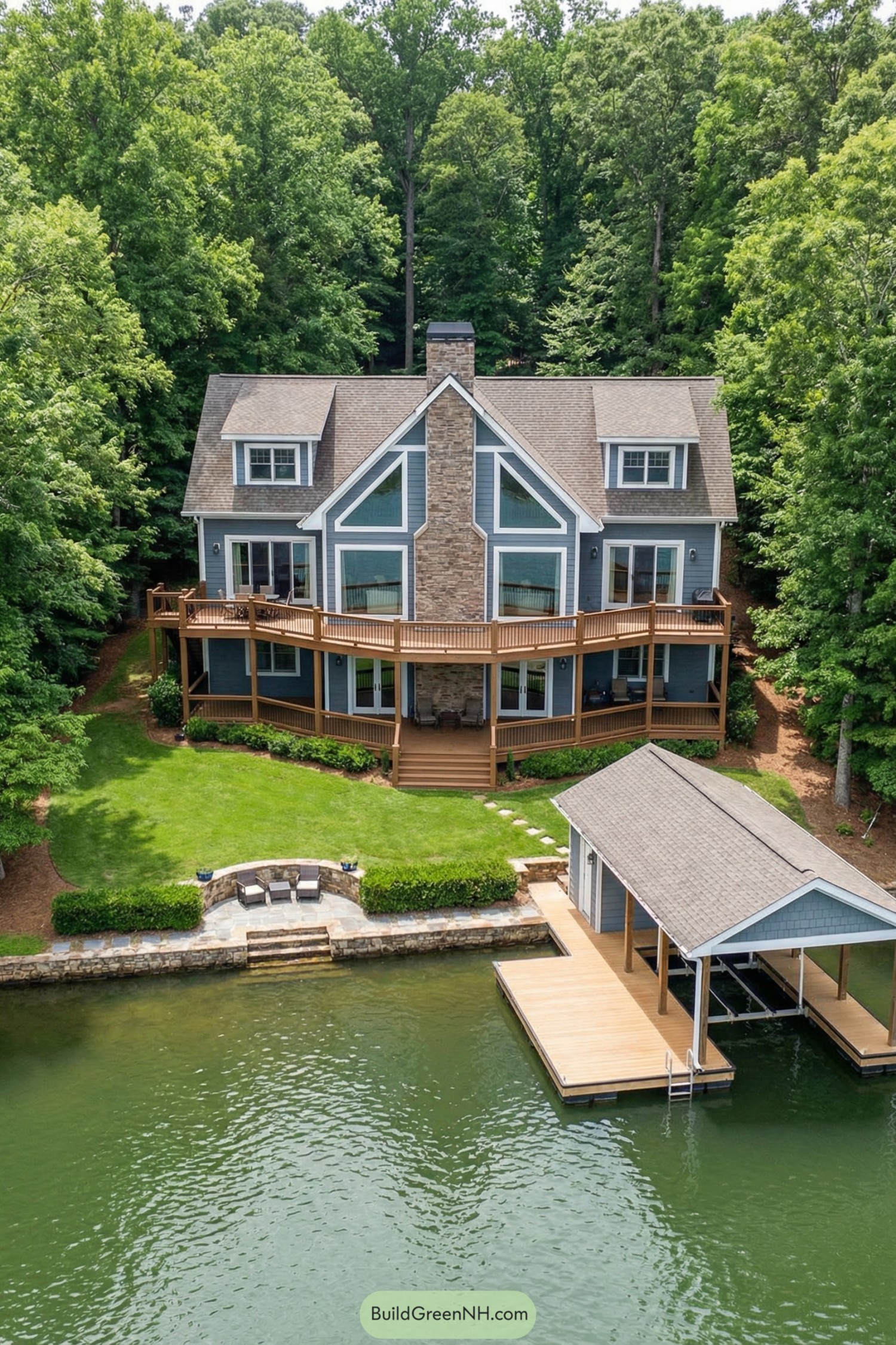 Contemporary gray lake house with tiered decks and boathouse facing calm green water
