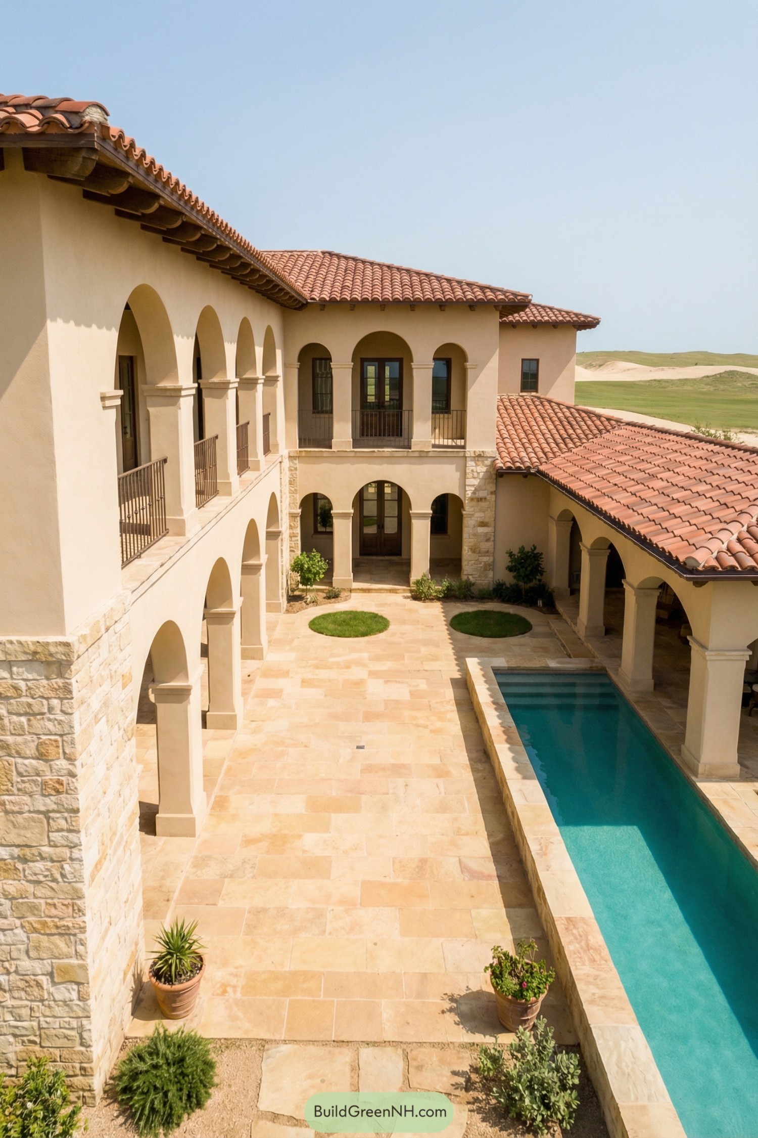 Two-story Spanish courtyard with arches and a narrow lap pool along one side
