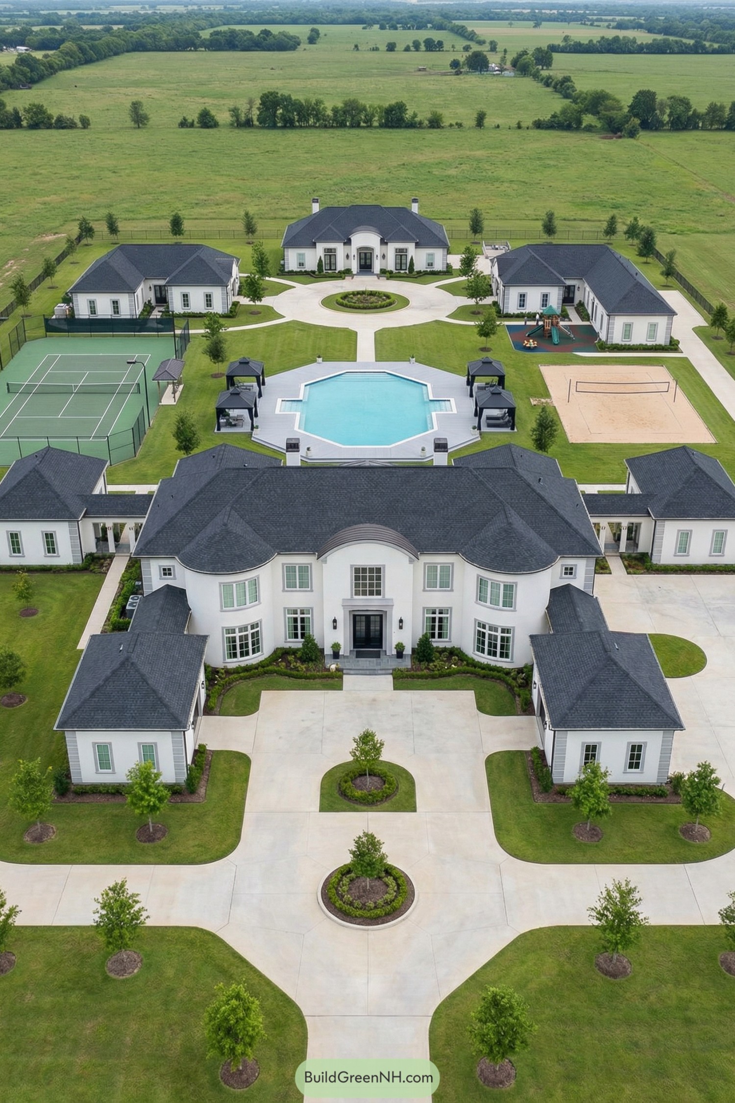 Aerial view of a grand multi-residence estate with pool courts and lawns
