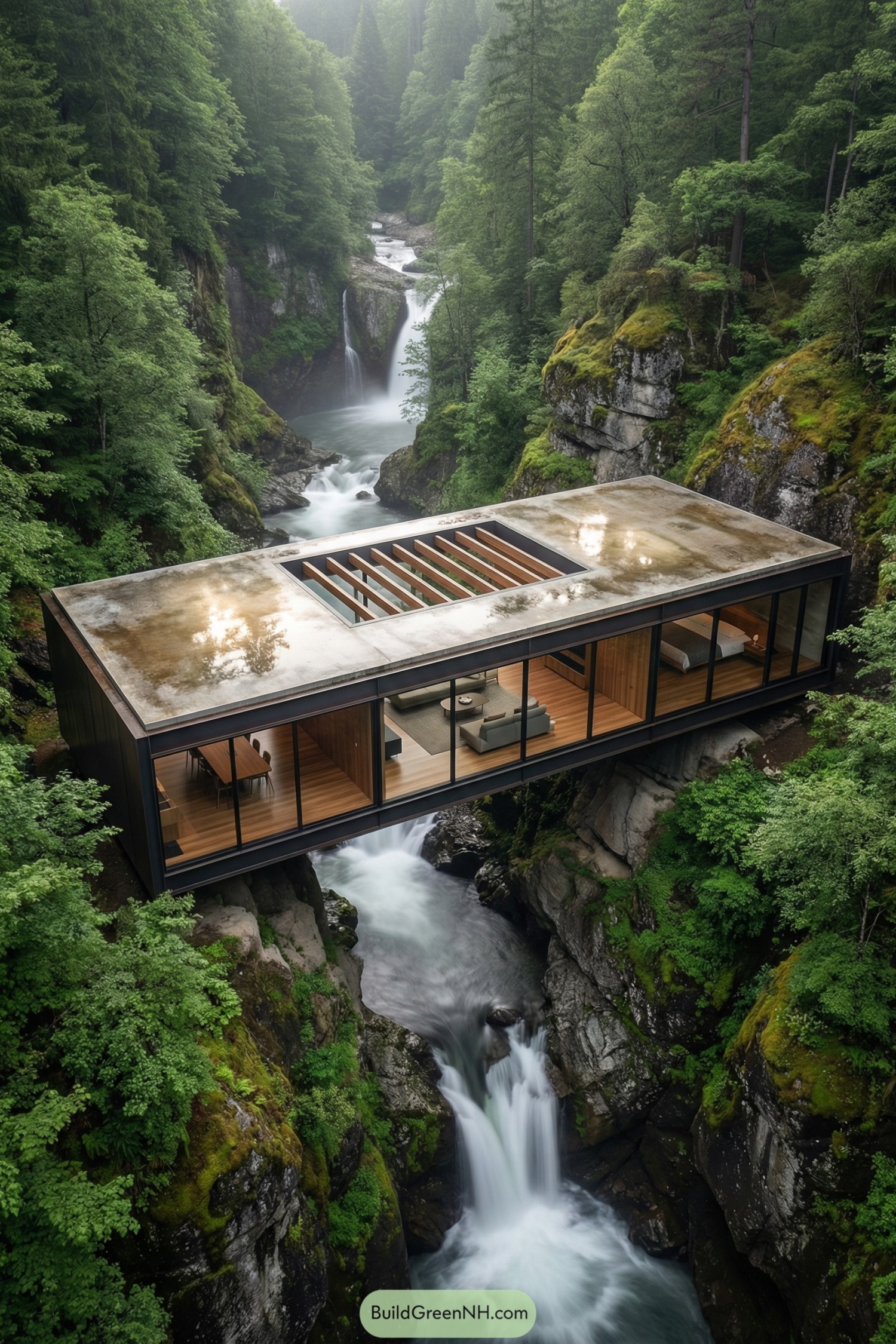 Modern glass bridge home spanning rocky gorge with waterfall below