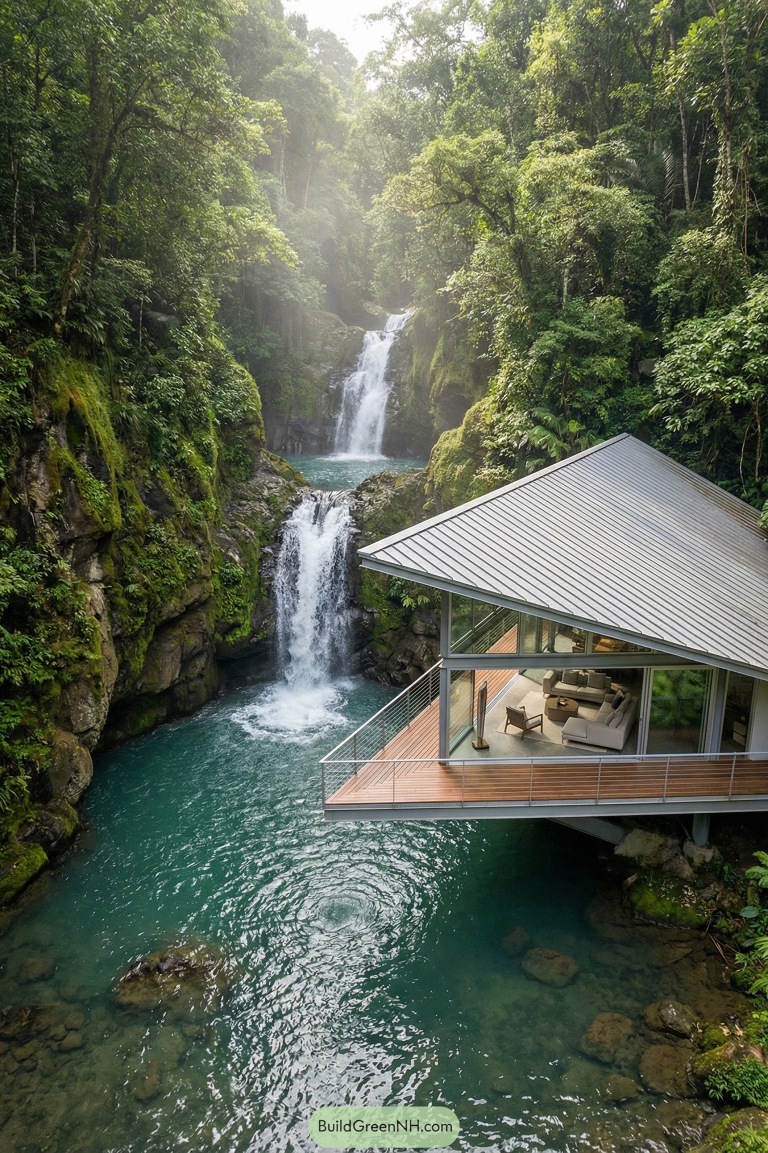Modern glass house cantilevered over turquoise waterfall pool