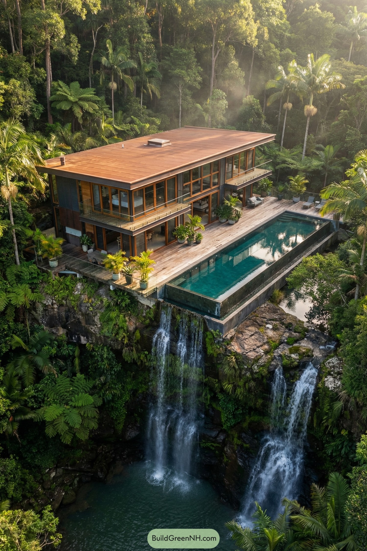 Modern glass-and-wood villa with infinity pool perched over a lush rainforest waterfall