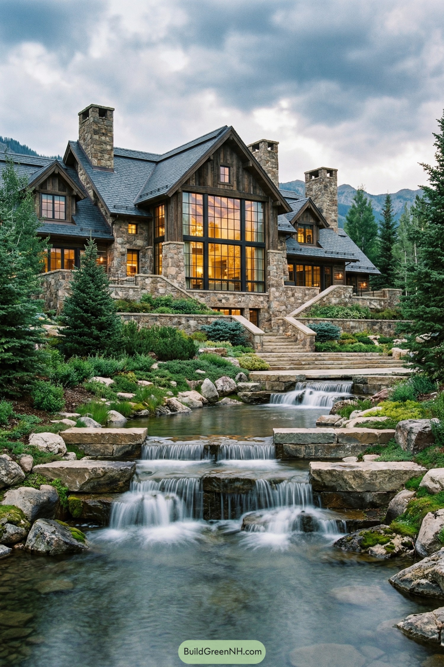 Rustic stone lodge facing cascading garden waterfalls