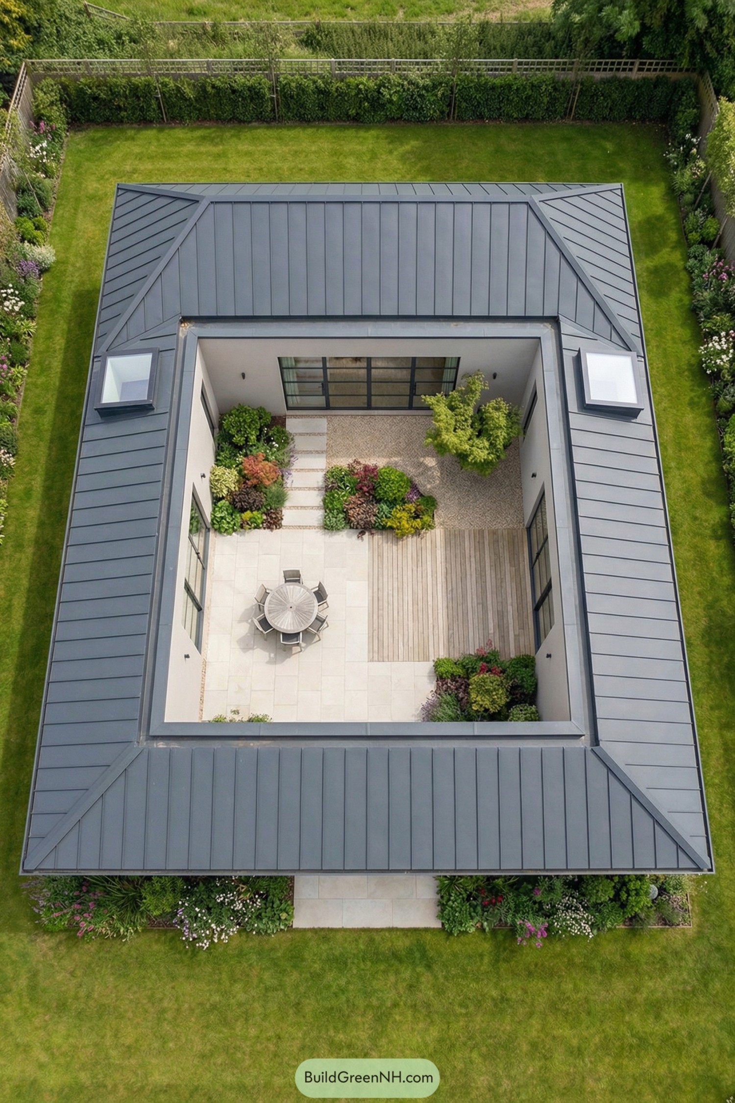 Aerial view of a square house enclosing a landscaped inner courtyard with seating and mixed paving