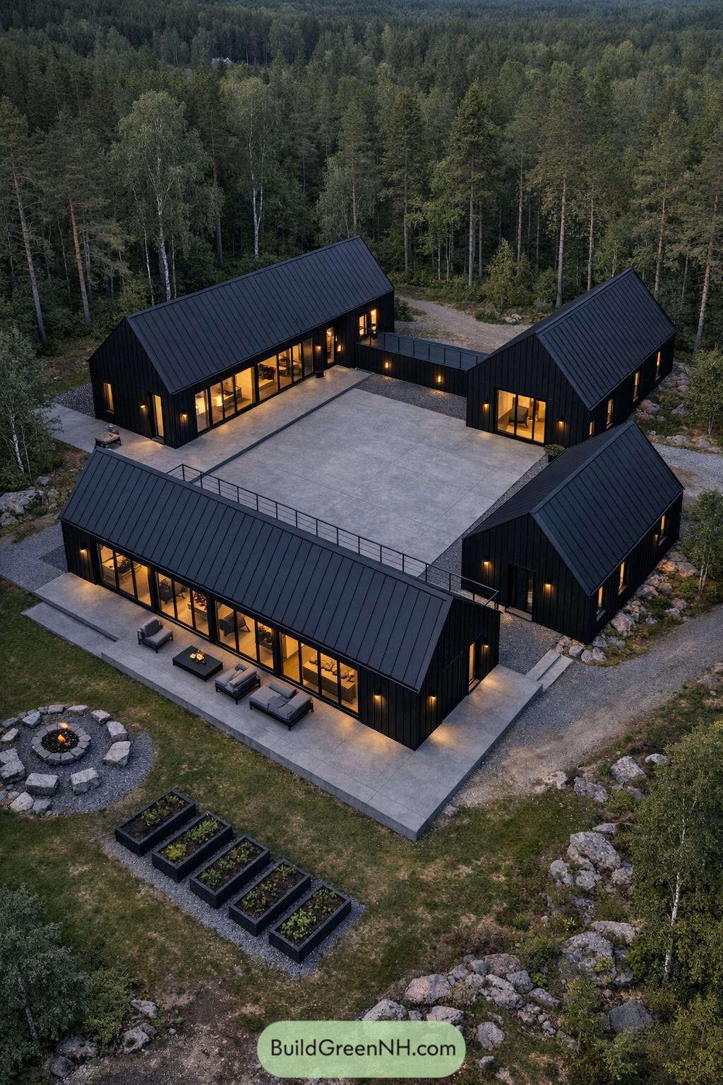 Black Scandinavian compound of gabled volumes surrounding a large central concrete courtyard, set in a dense forest with outdoor seating, firepit, and garden beds