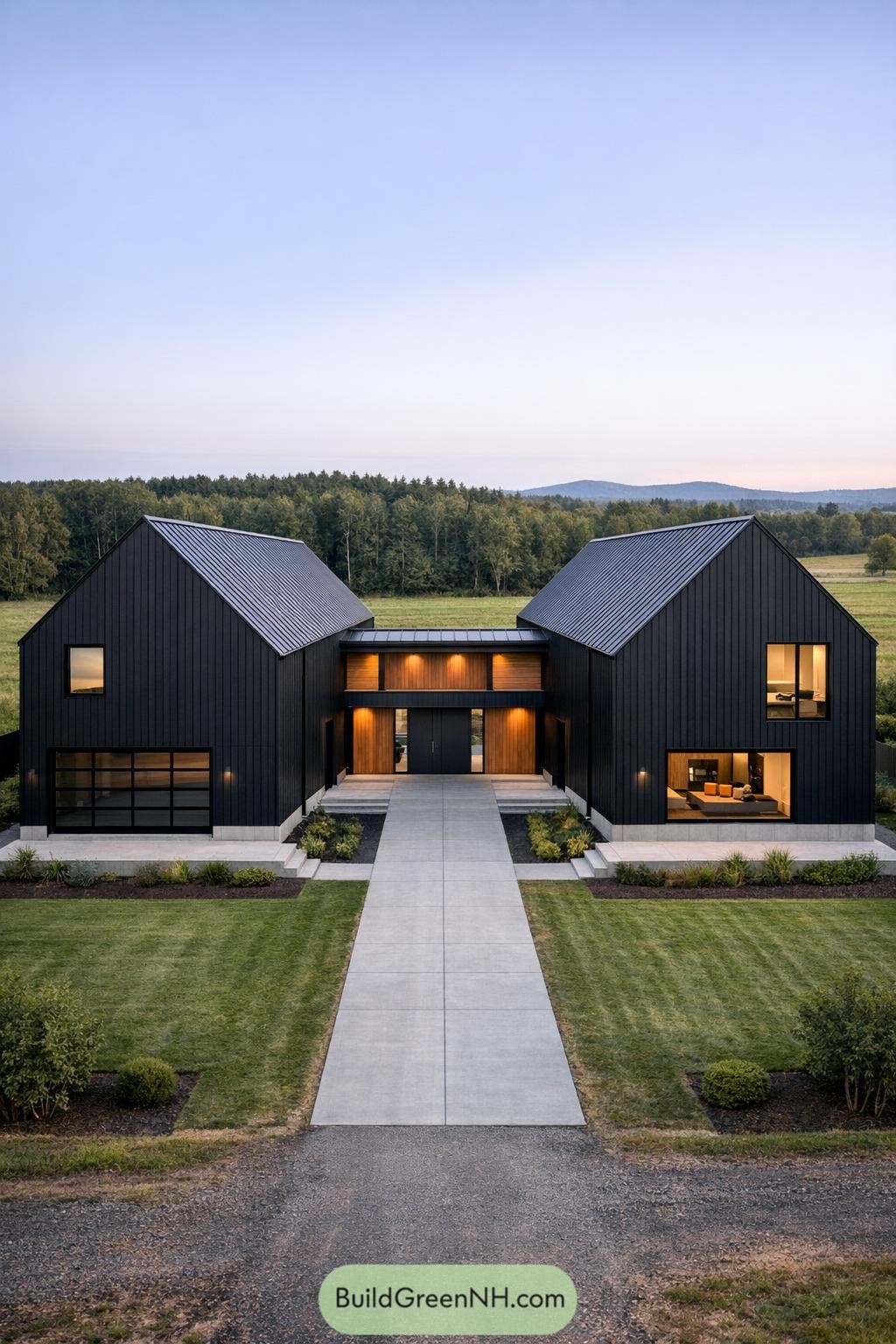 Modern black twin-gabled farmhouse in fields