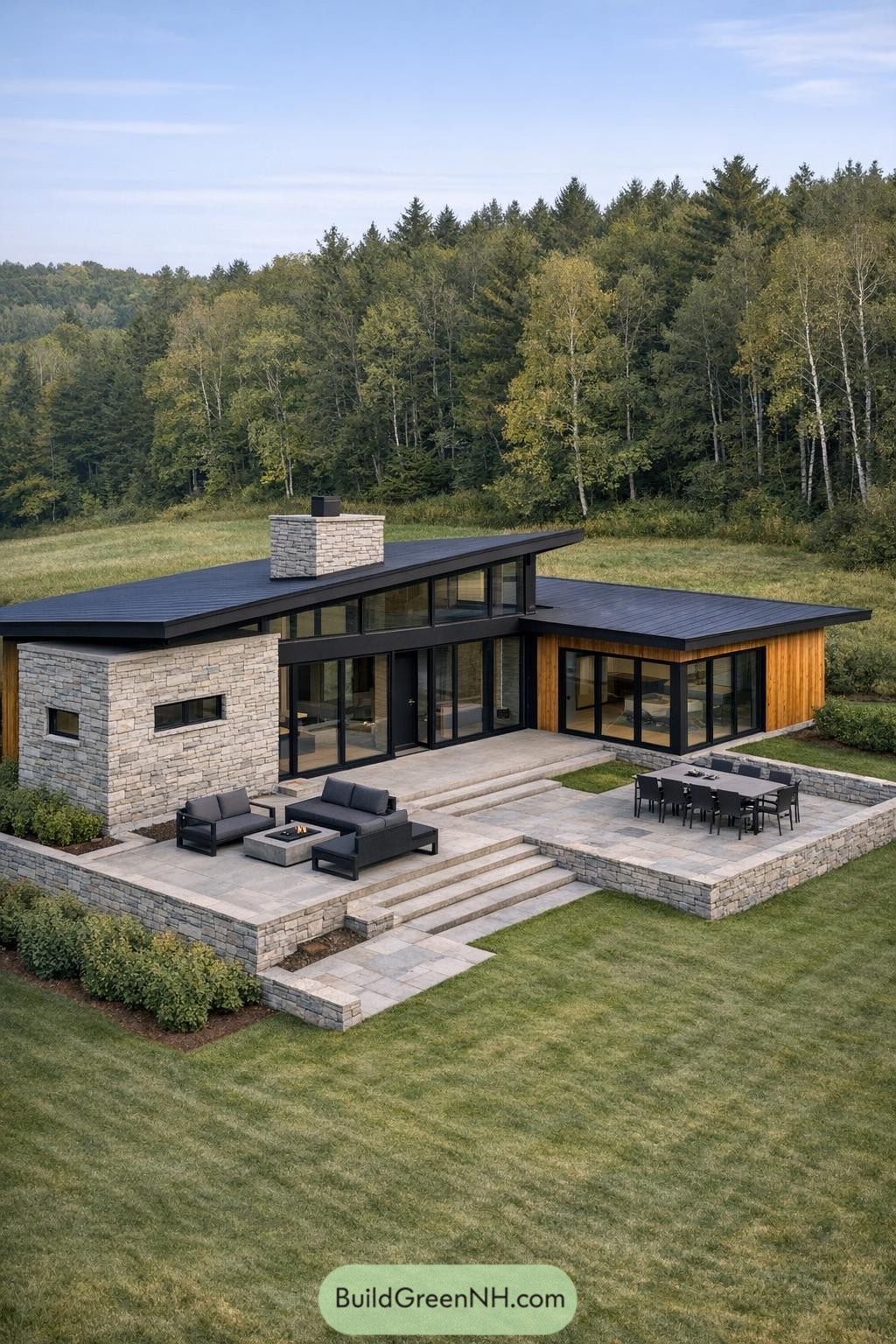 Modern low-slung cabin with stone walls, black-framed glass, and tiered patios overlooking a grassy clearing and forest