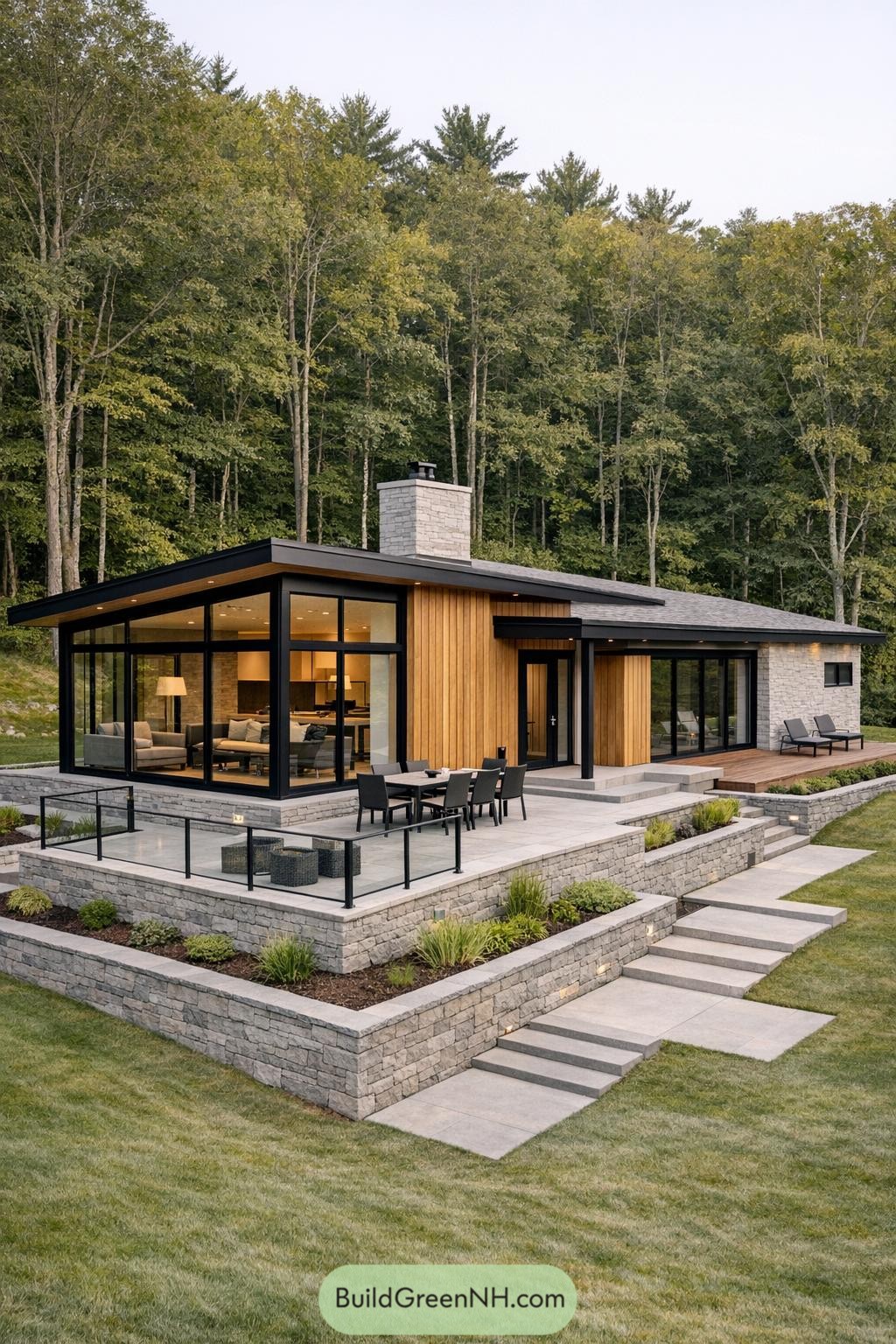 Modern single-story cabin with glass walls and tiered stone patio in a forest setting