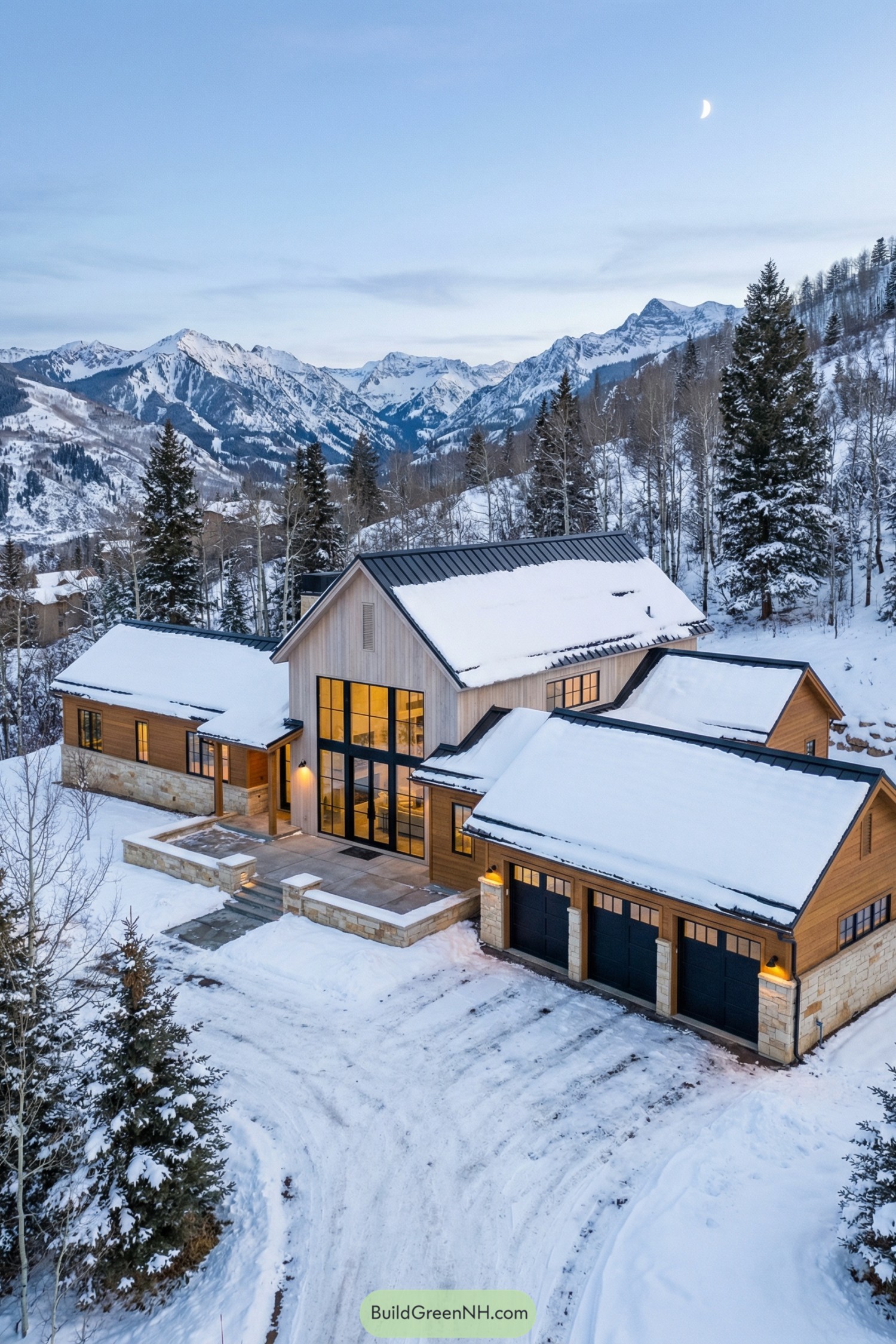 Modern mountain ranch home with warm wood siding large black-framed windows and snow-covered metal roofs against distant alpine peaks