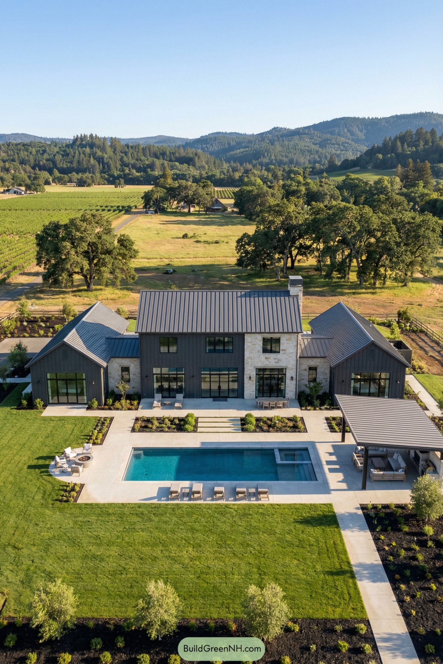 Modern farmhouse estate with pool overlooking vineyards