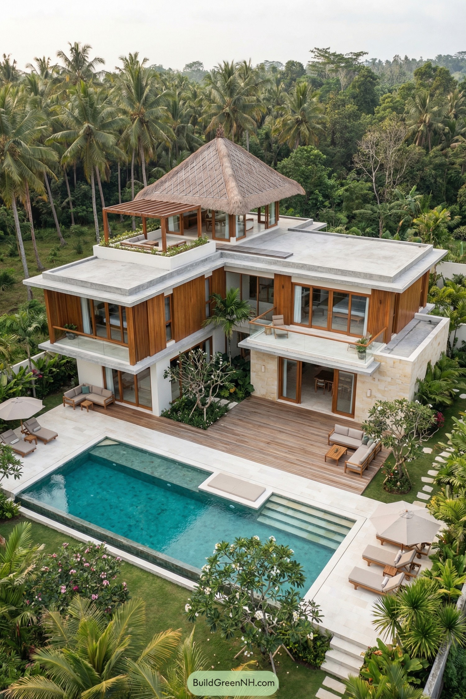 Modern tropical villa with pool and rooftop lounge