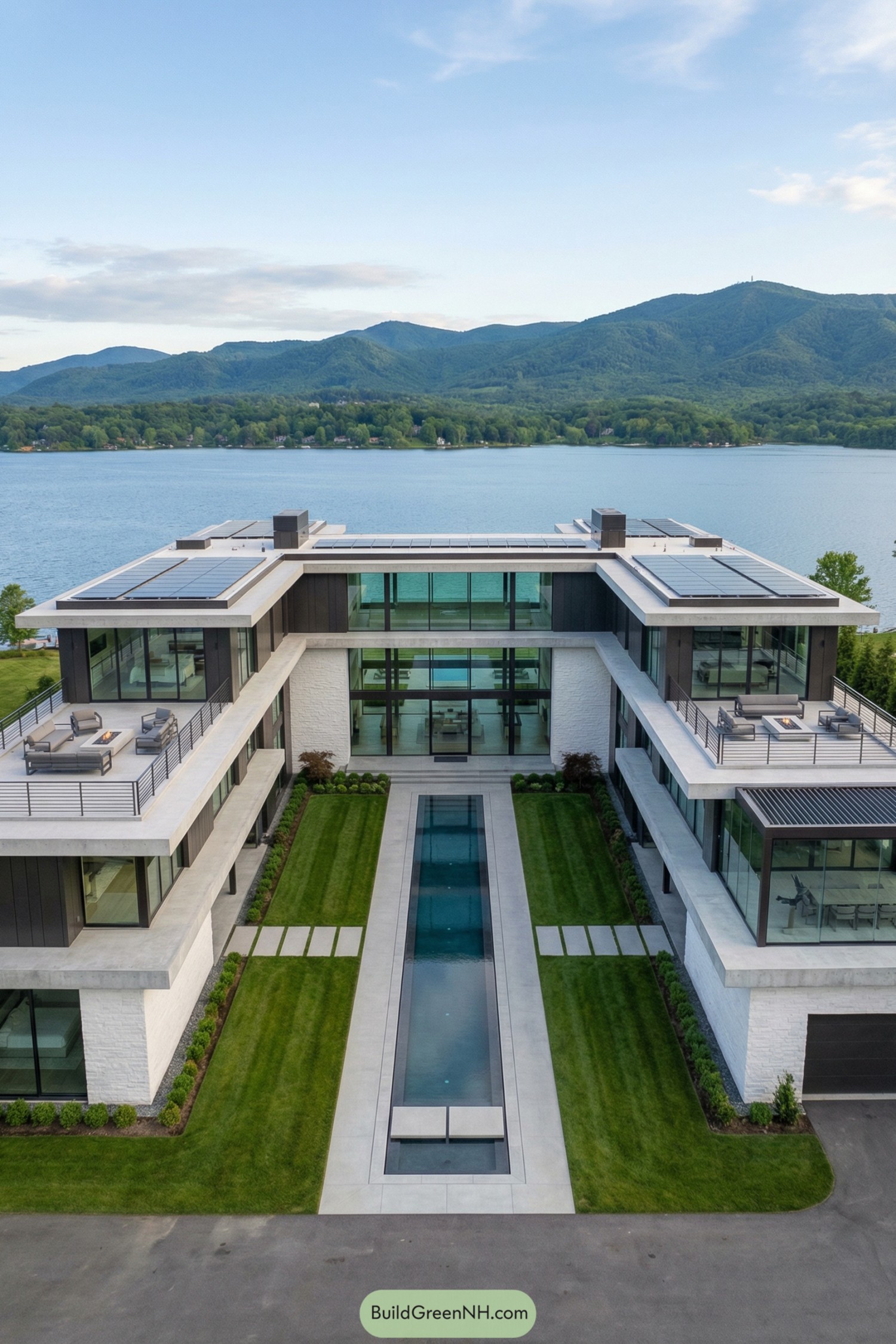 Modern lakeside mansion with a long central pool courtyard framed by two symmetrical wings