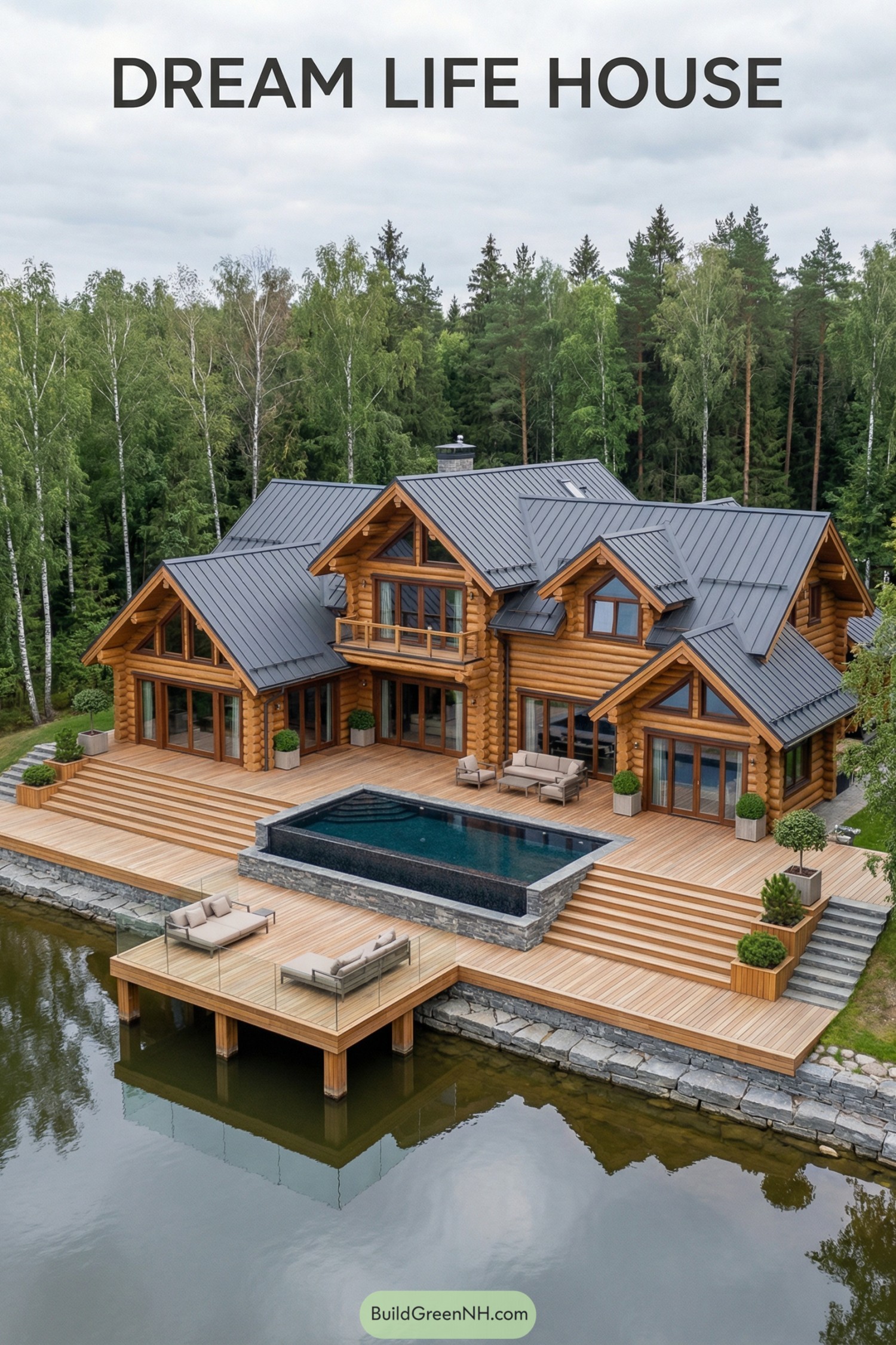 Spacious log villa with tiered decks pool and lakeside lounge